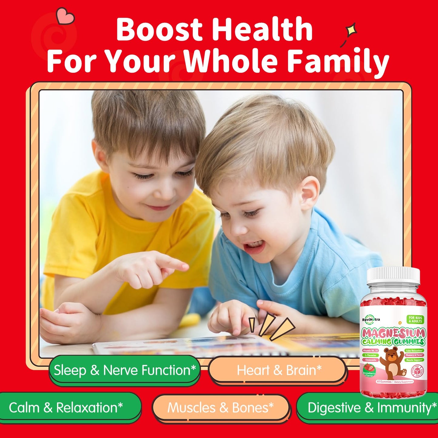 ReviNutra Magnesium Glycinate Gummies for Kids with L-Theanine, Vitamin B6 & D3, Sugar Free Strawberry, 60 Count