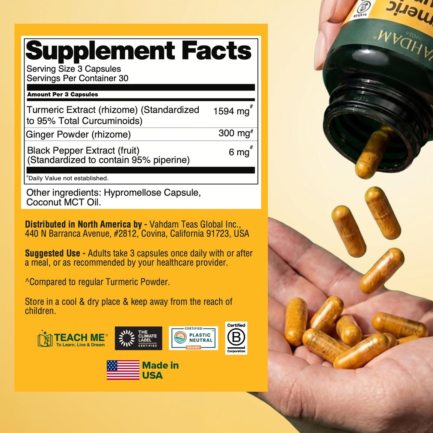 VAHDAM Extra Strength Turmeric Ginger Supplement with 1500mg Curcuminoids per Serving, Added Piperine for Better Absorption, Supports Joint Health and Mobility, Capsule 90 Count