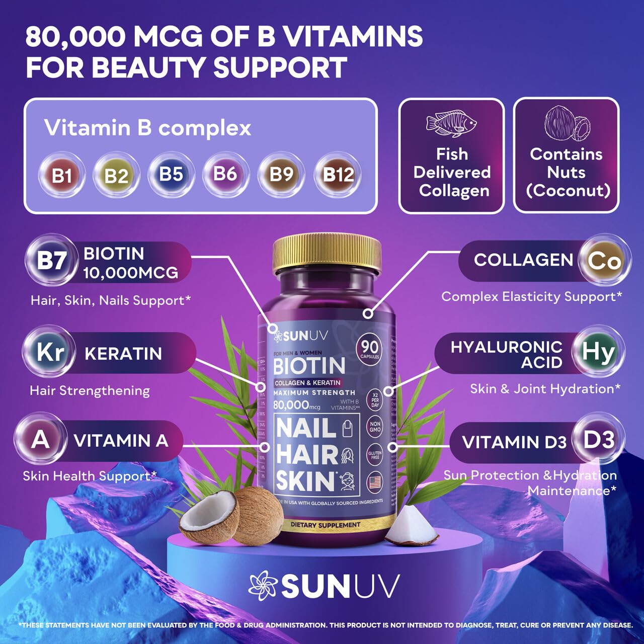 SUNUV Biotin 10,000mcg Collagen Keratin Hyaluronic Acid Hair Growth Vitamins for Hair Skin & Nails Support 90 Capsules