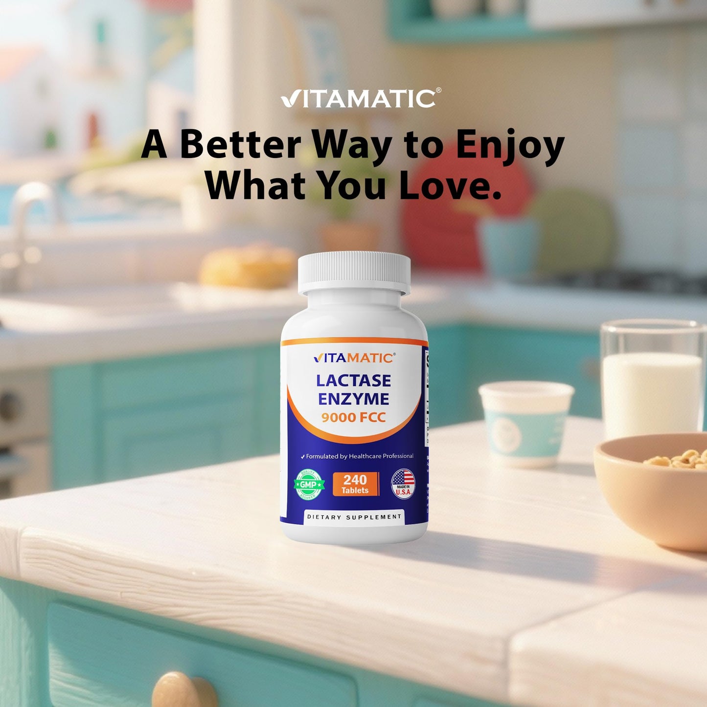 Vitamatic Lactase Enzyme 9000 FCC 240 Tablets - Lactose Intolerance Relief Caplets