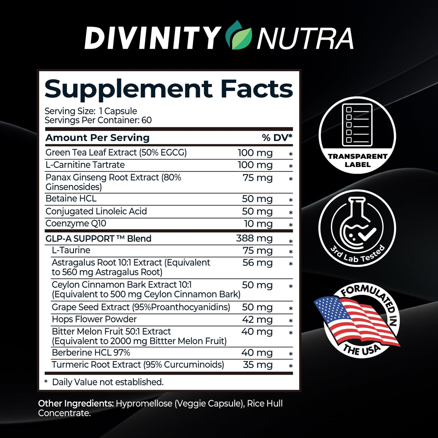 Divinity Nutra Daytime Fat Burner Supplement for Men & Women, with Green Tea Extract, CoQ10, Turmeric, Berberine, Bitter Melon, Metabolism & Appetite Support, 60 Capsules