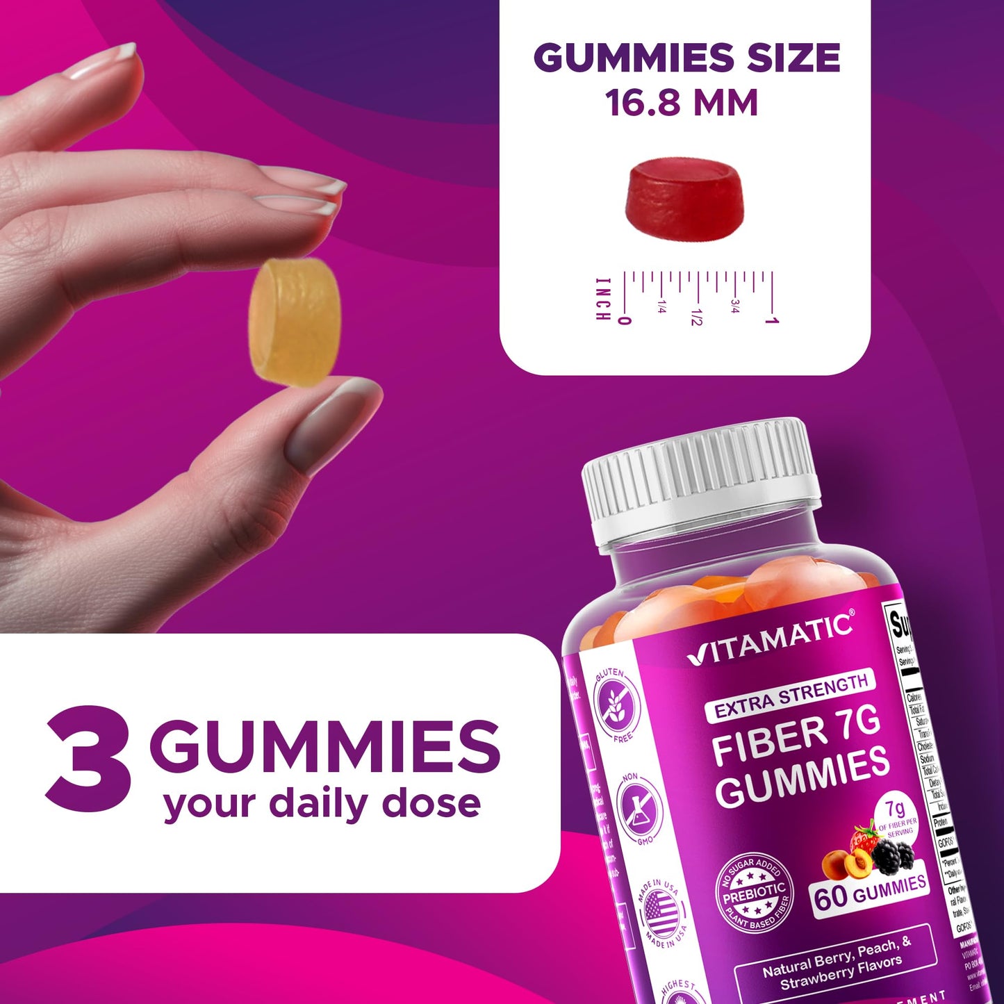 Vitamatic Prebiotic Fiber Gummies for Adults, 60 Count