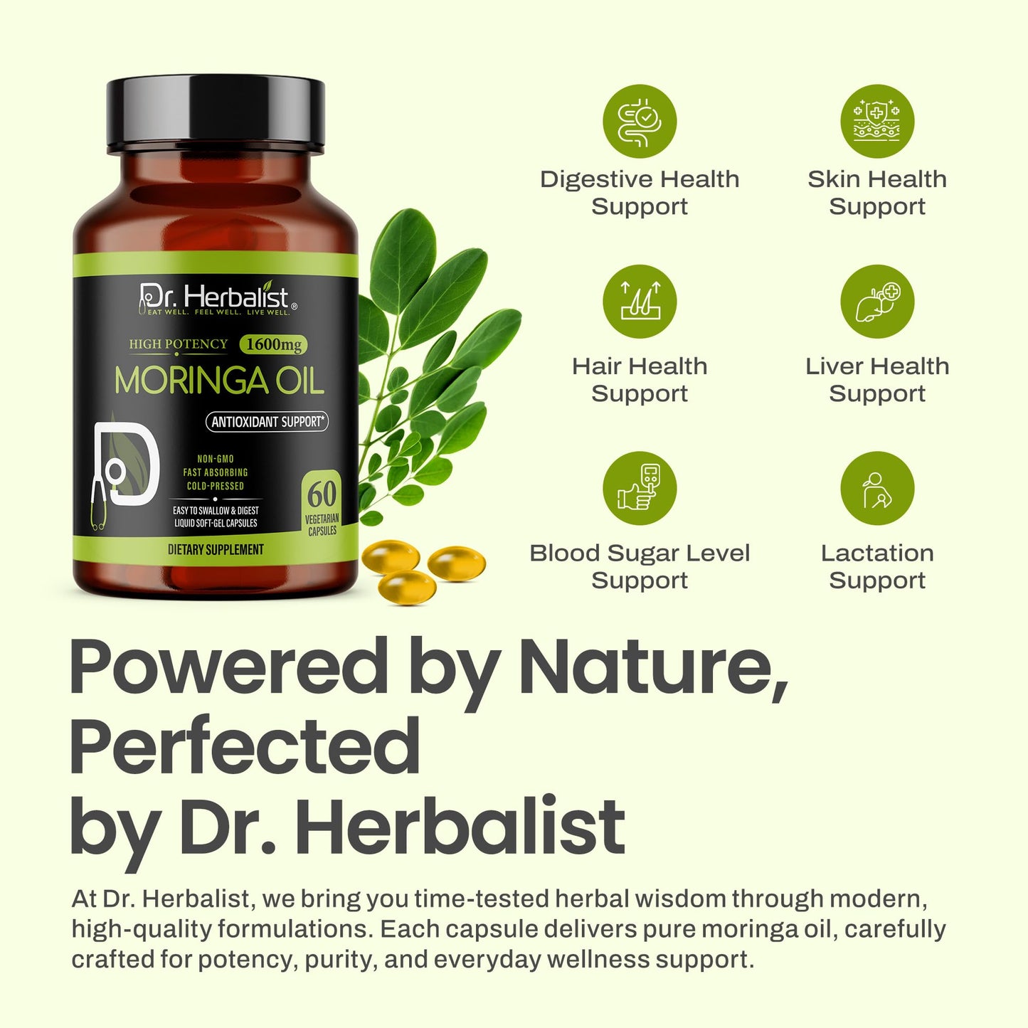 Dr. HERBALIST Moringa Oil Capsule 1600mg, Cold Pressed, Halal, 60 Count