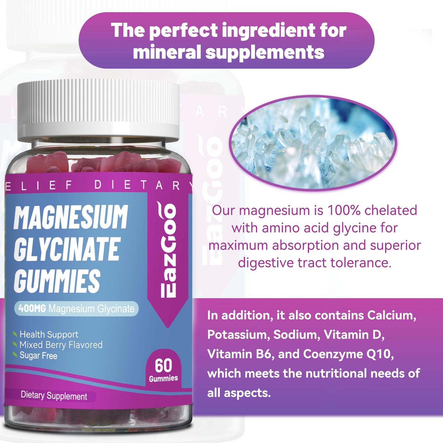 EAZGOO Magnesium Glycinate Gummies 400mg with L-Threonine 200mg, Sugar-Free Magnesium Potassium Supplement with Vitamin D, B6, CoQ10 for Muscle, 120 Gummies