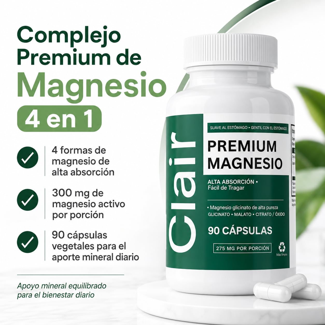 alzclipp Clair Magnesio Premium Magnesium with B6, D3, Zinc, 4-In-1 Blend Capsules, 90 Count