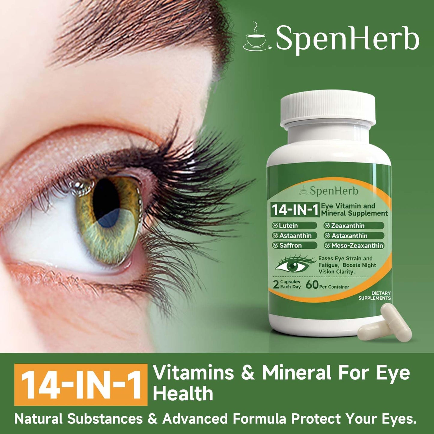 SpenHerb Eye Vitamin and Mineral Supplement 14 in 1 Advanced Eye Formula Vision Support with Lutein and Zeaxanthin Vitamin C E Zinc Copper, Eye Health Supplements for Adults, Capsules, 60 Count