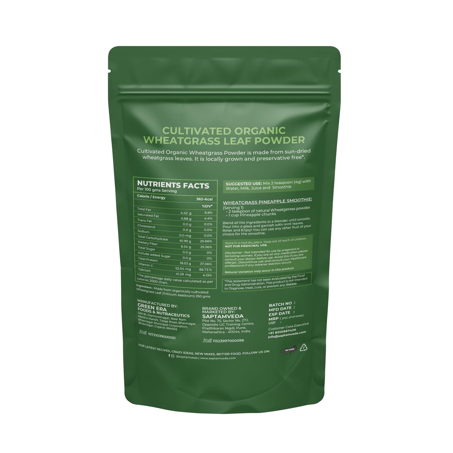 SAPTAMVEDA Organic Wheat Grass Powder, 8.81 Ounce