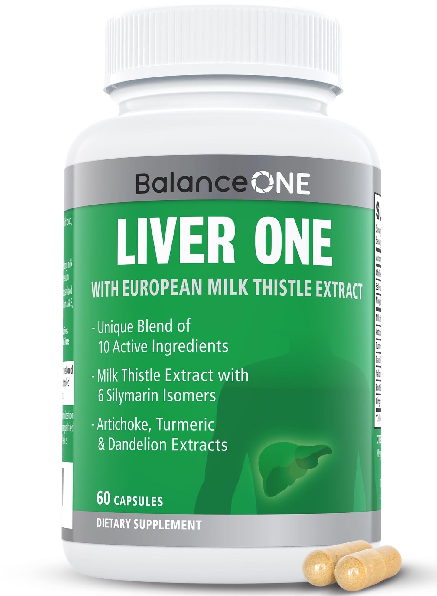 Balance ONE Liver Support Supplement with Milk Thistle, Molybdenum, Dandelion Root & Choline Capsule, 60 Count