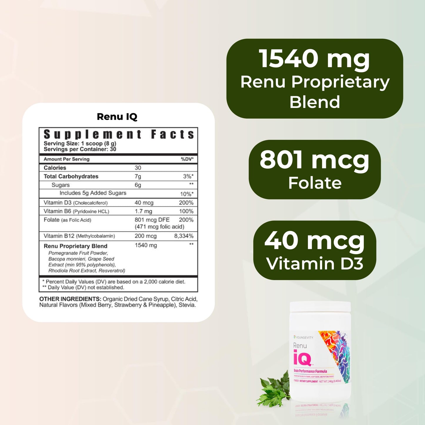 Youngevity Renu iQ Brain Boost, Anti-Aging Resveratrol with Grape Skin, Bacopa Monnieri, Rhodiola Root, Polygonum Cuspidatum Root - Natural Energy Powder, 11 Ounces