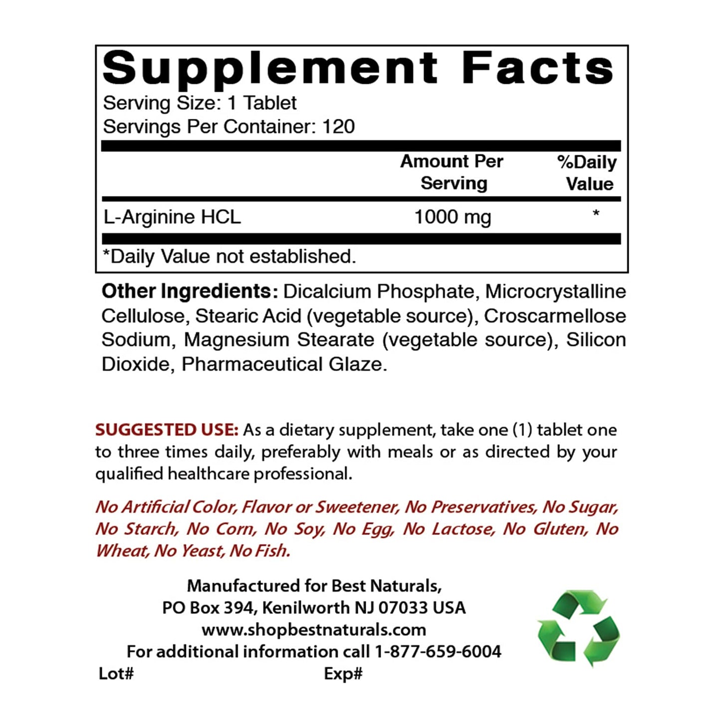 Best Naturals L-Arginine 1000 mg & L-Citrulline 1500 mg, Capsules, Tablets, 90