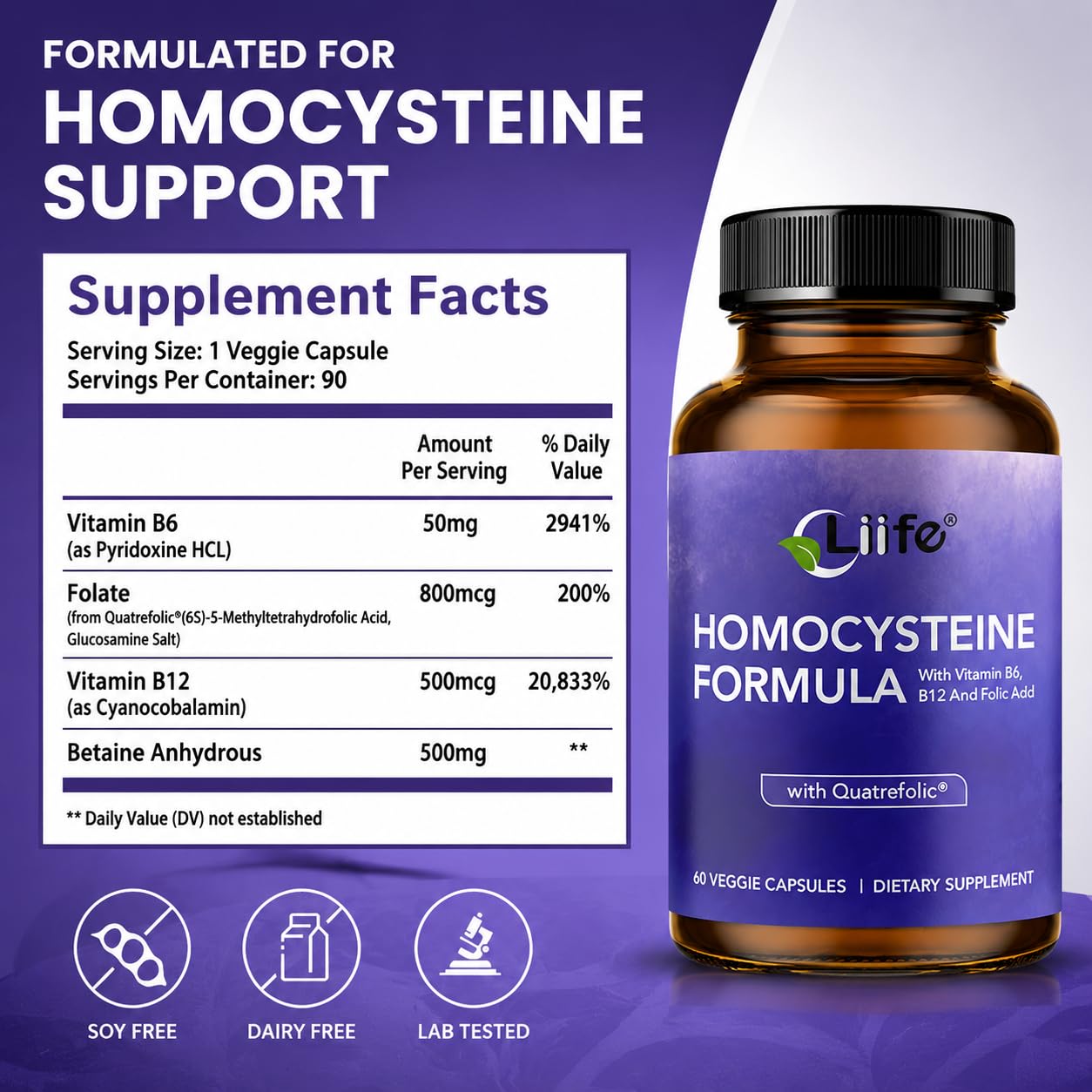 LIIFE Homocysteine Formula – Quatrefolic, B6/B12/Betaine Capsule, 60 Count