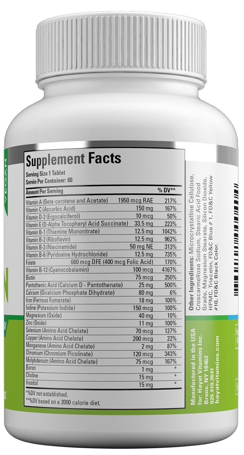 HAYAT Vegan Natural Multivitamin Tablets, 60 Count