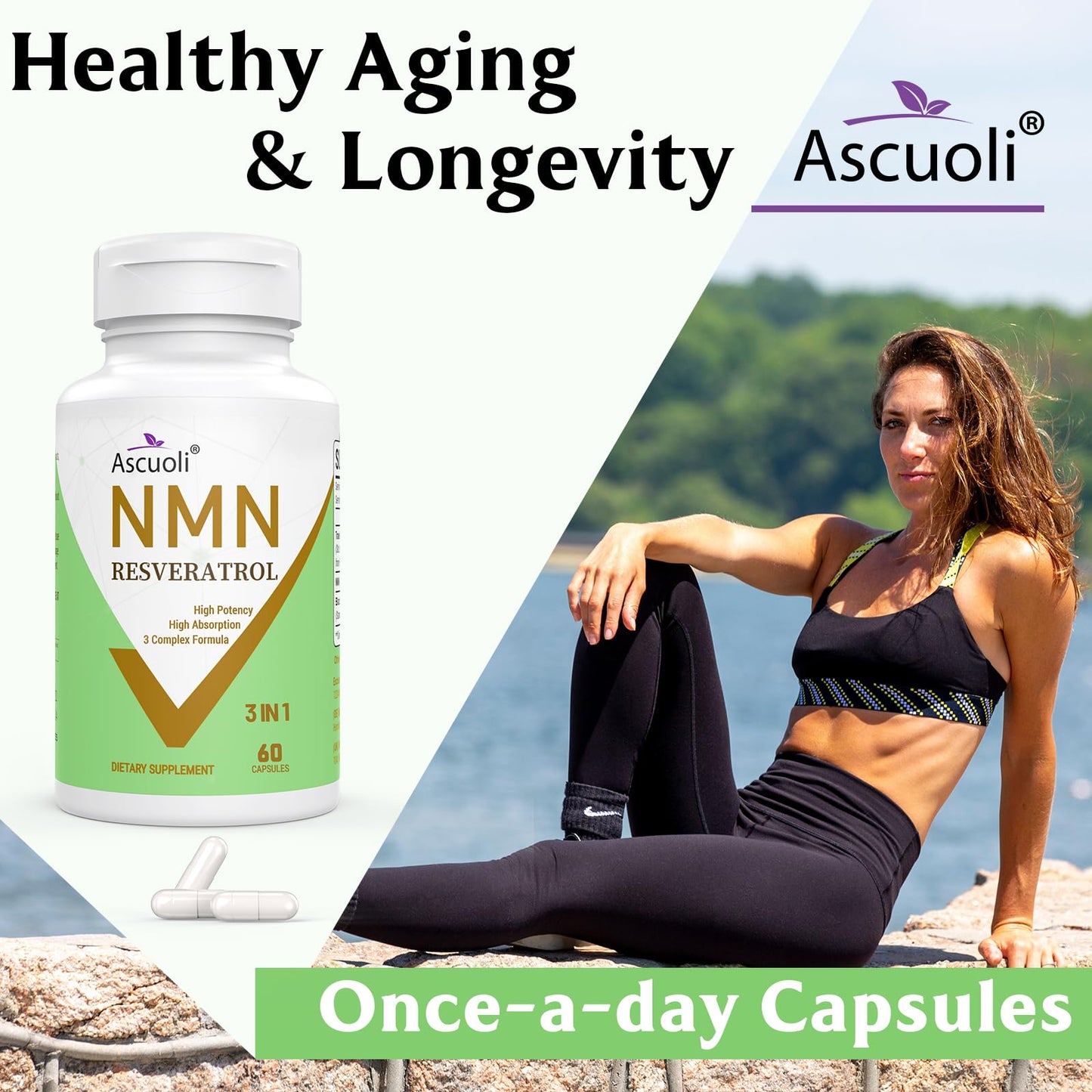 Ascuoli NMN 500mg + Trans-Resveratrol 600mg 1150mg NMN Resveratrol Supplement, 3-in-1 Advanced Formula, Stabilized, Capsules, 120 Count