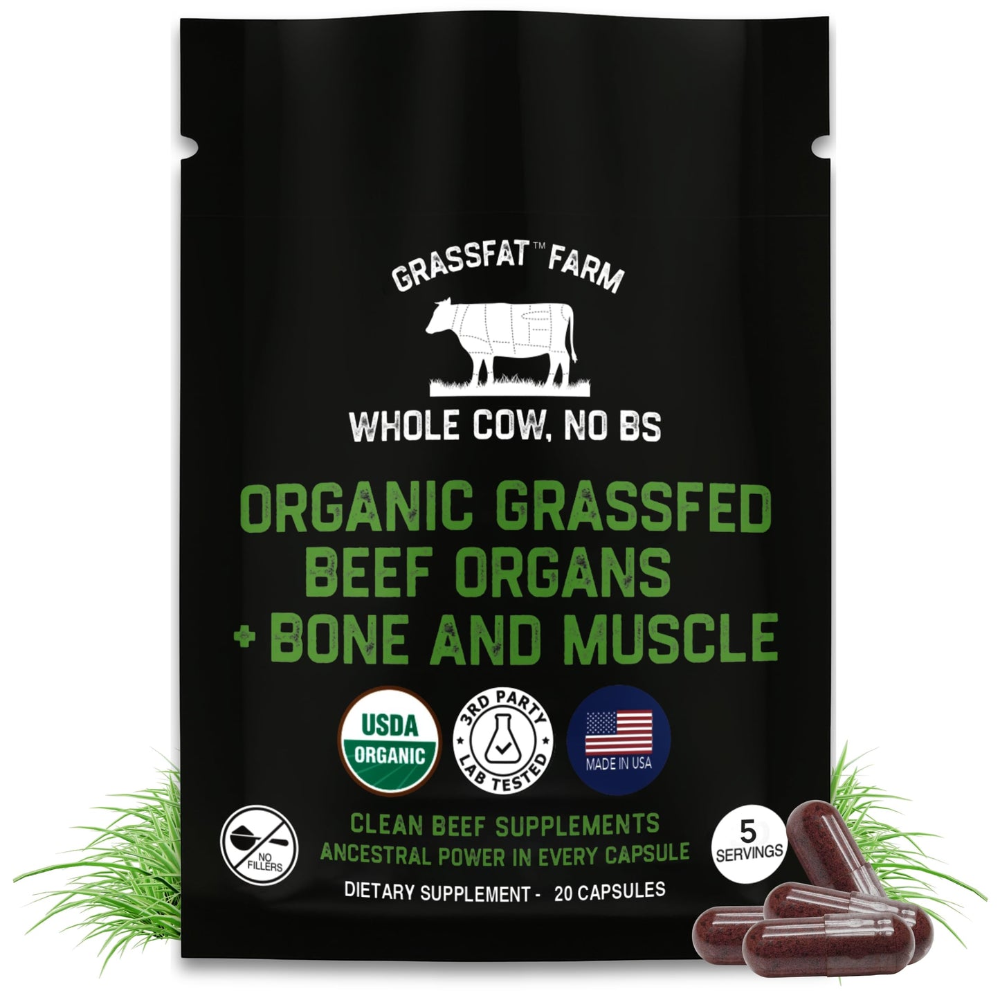 Grassfat Grassfed Beef Organ Supplements Capsules 20 Count