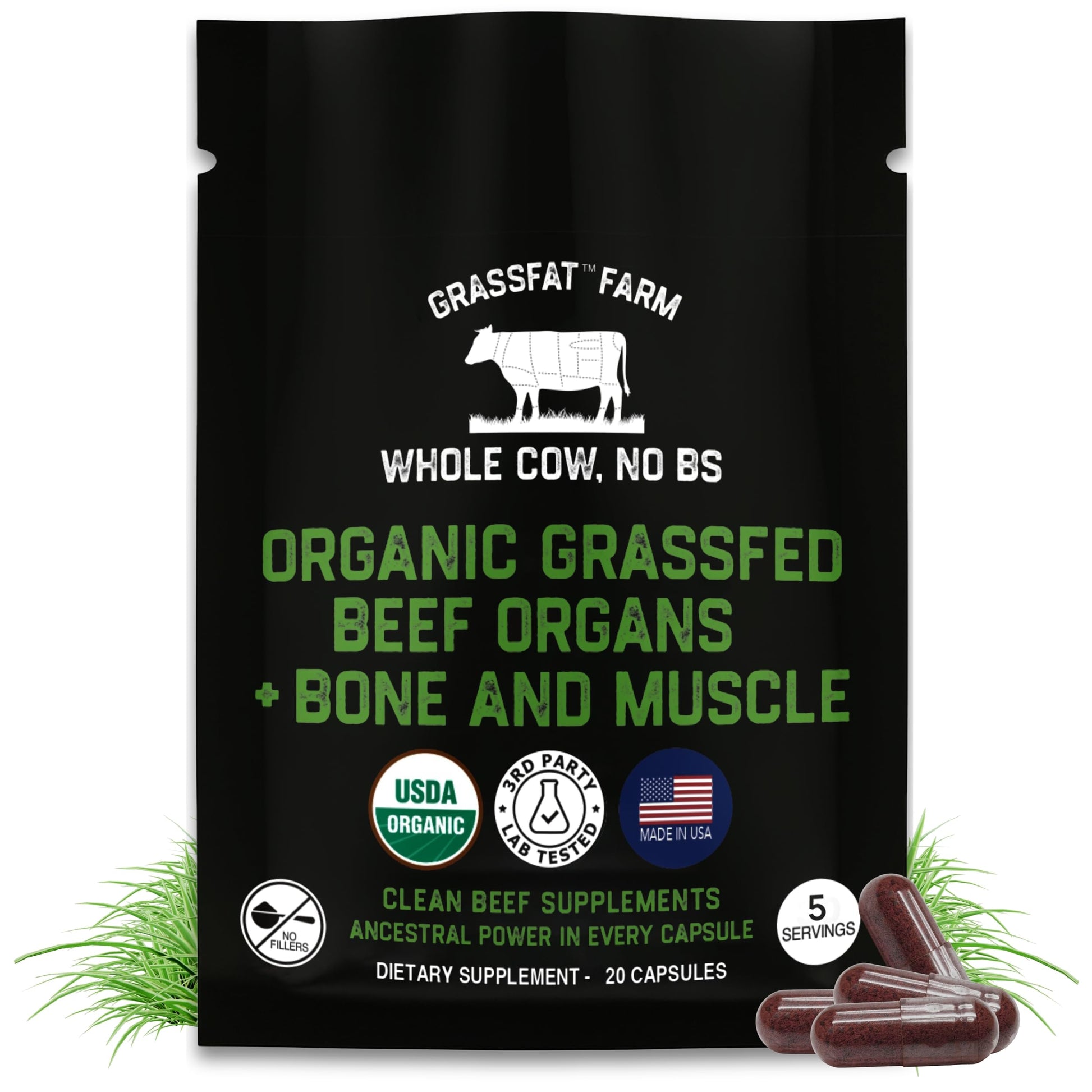 Grassfat Grassfed Beef Organ Supplements Capsules 20 Count
