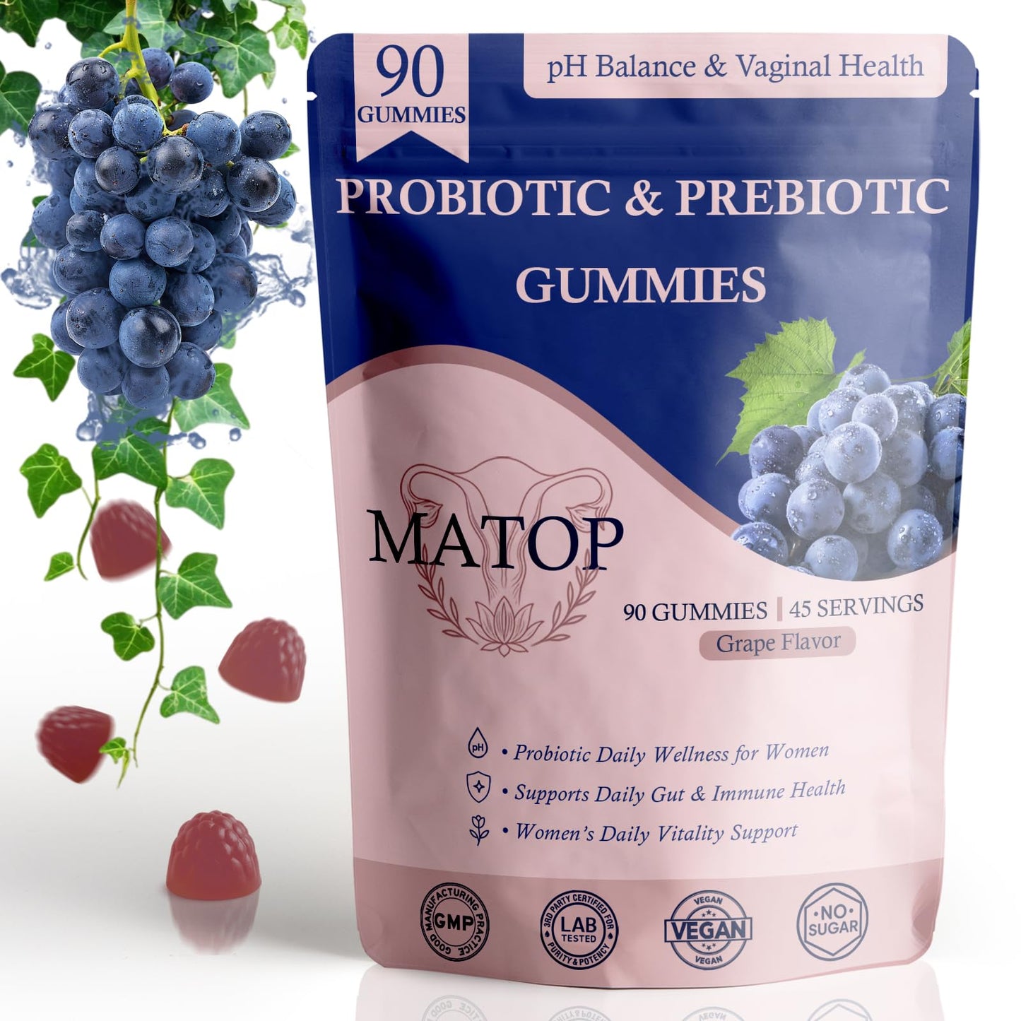 MATOP Vaginal Probiotic Prebiotic Gummies for Women, 90 Count