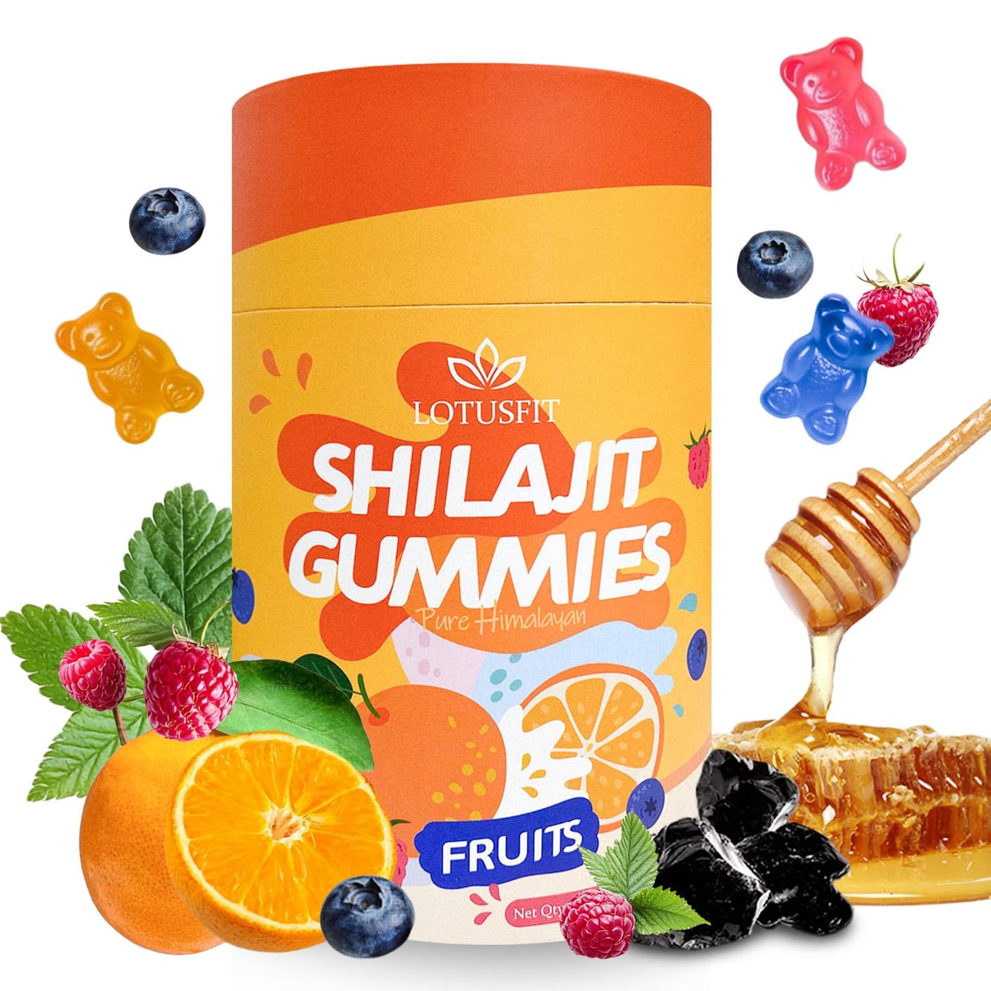 AUIXOPI Shilajit Gummies with Ashwagandha & Fulvic Acid – Mixed Berry & Citrus Flavored (Raspberry, Blueberry, Orange), 60 Gummies