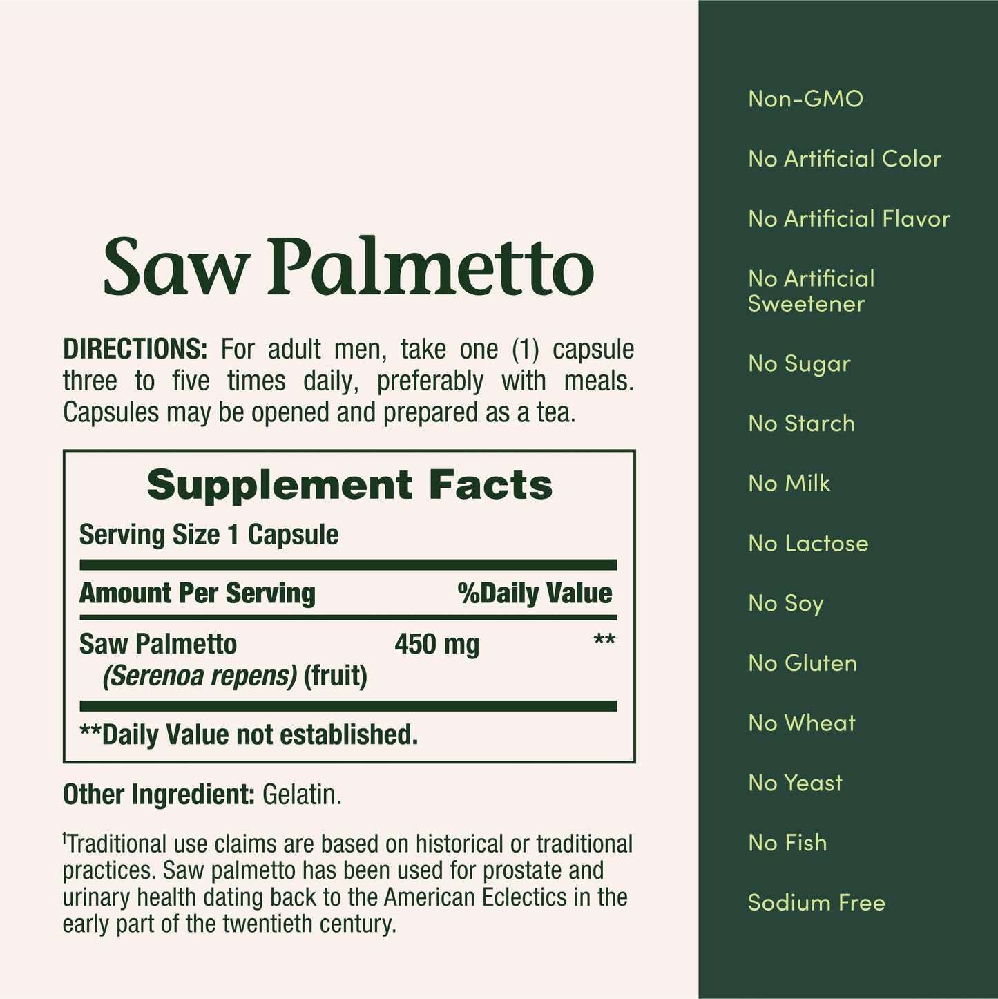 Nature's Bounty Saw Palmetto 450 mg Capsule, 100 Count
