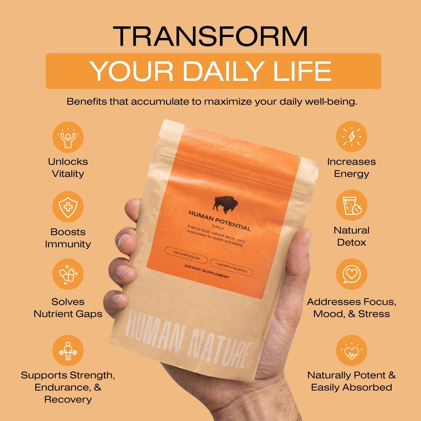 HUMAN NATURE Human Potential: Wild & Grass Fed Bison Organ Supplements Capsules 180 Count