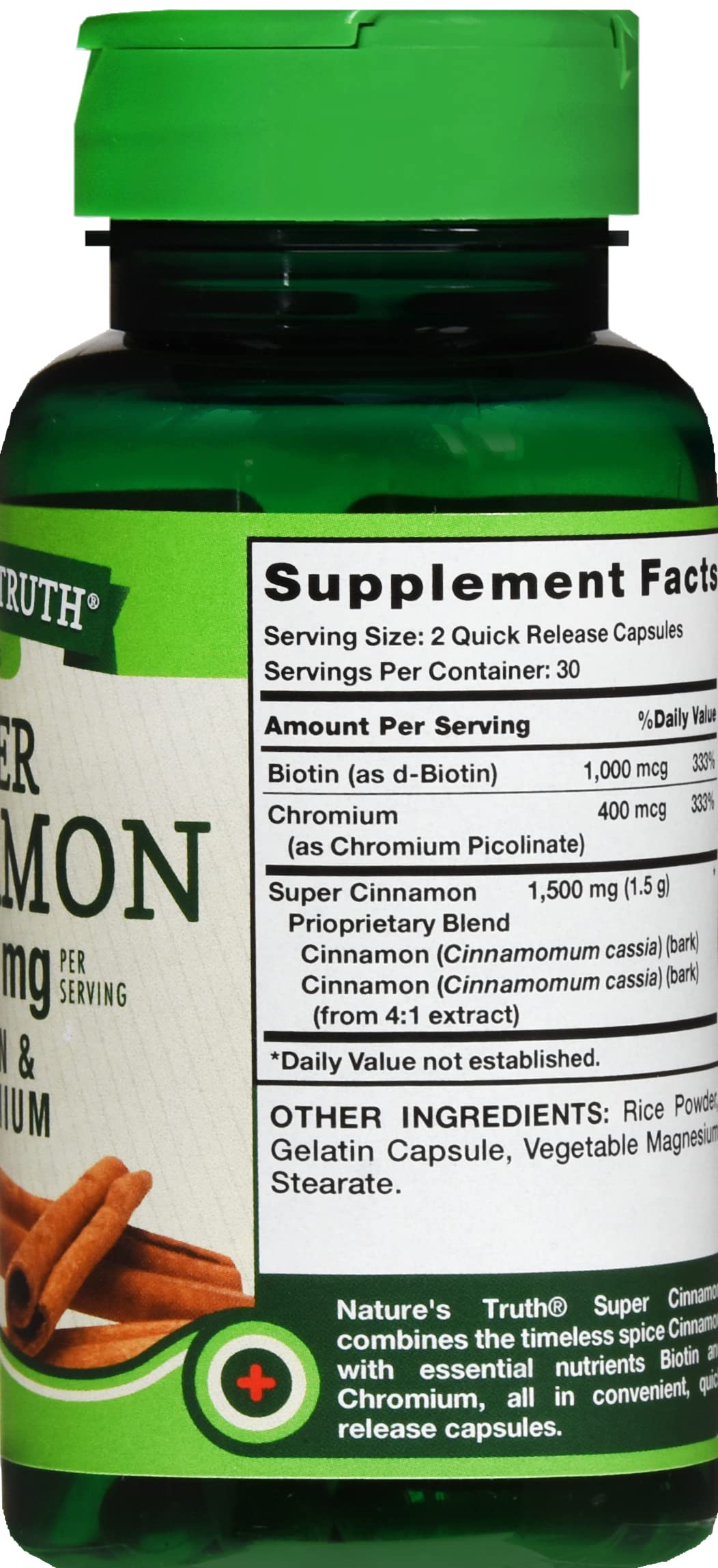Nature's Truth Super Cinnamon Plus Biotin & Chromium Quick Release Capsules, 120 Capsules
