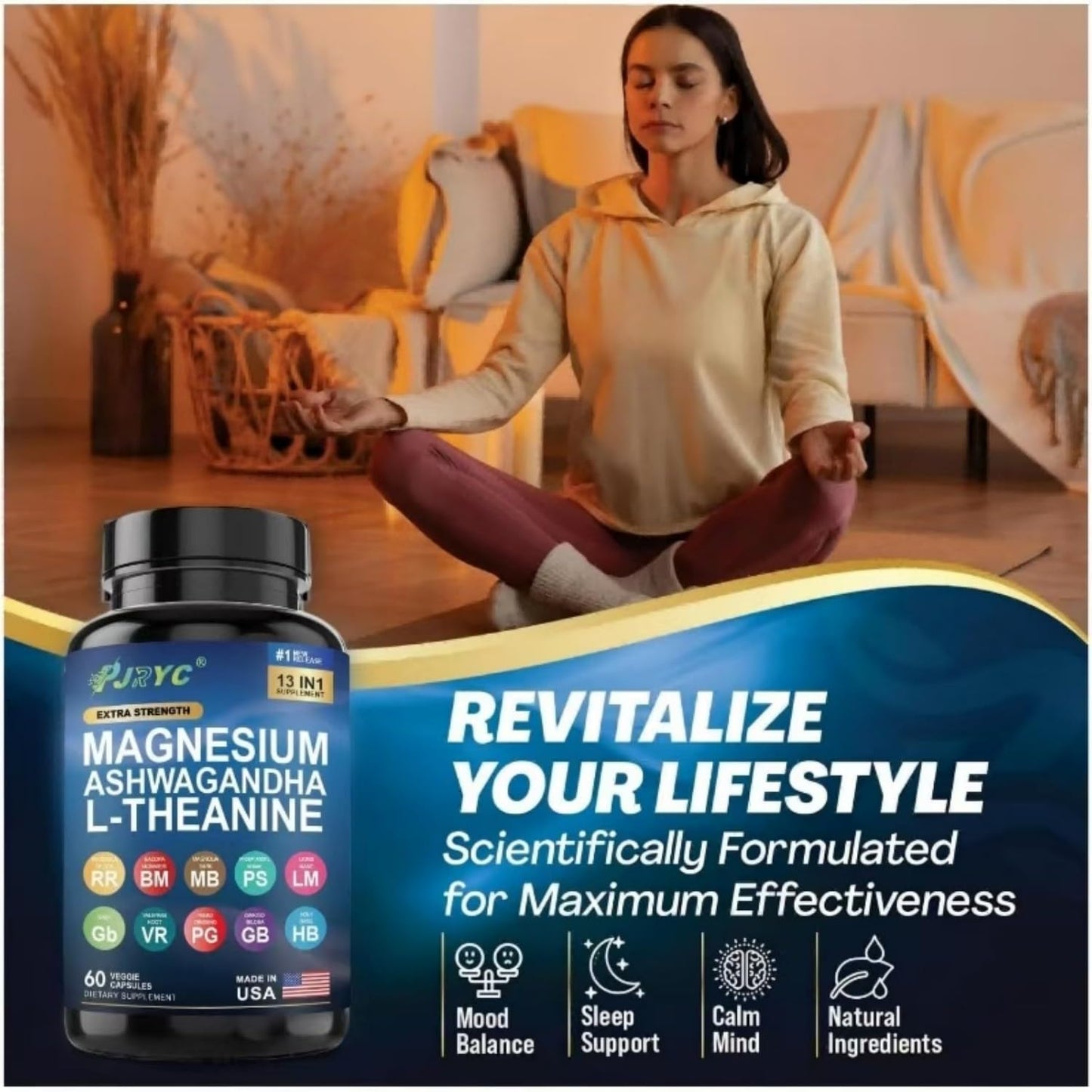 PJRYC Cortisol Support Supplement with Magnesium, Ashwagandha & L-Theanine Capsules 120