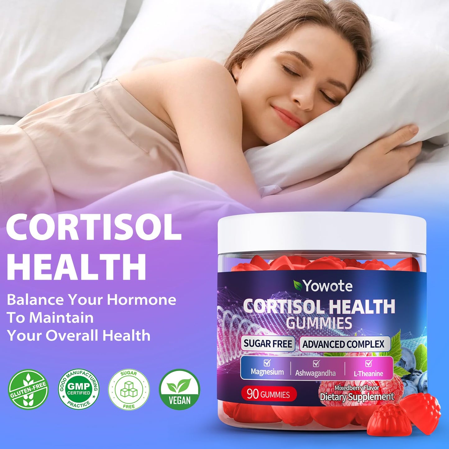 YOWOTE Cortisol Support Gummies for Men and Women with Magnesium, Ashwagandha, L-Theanine, Phosphatidylserine, 90 Count