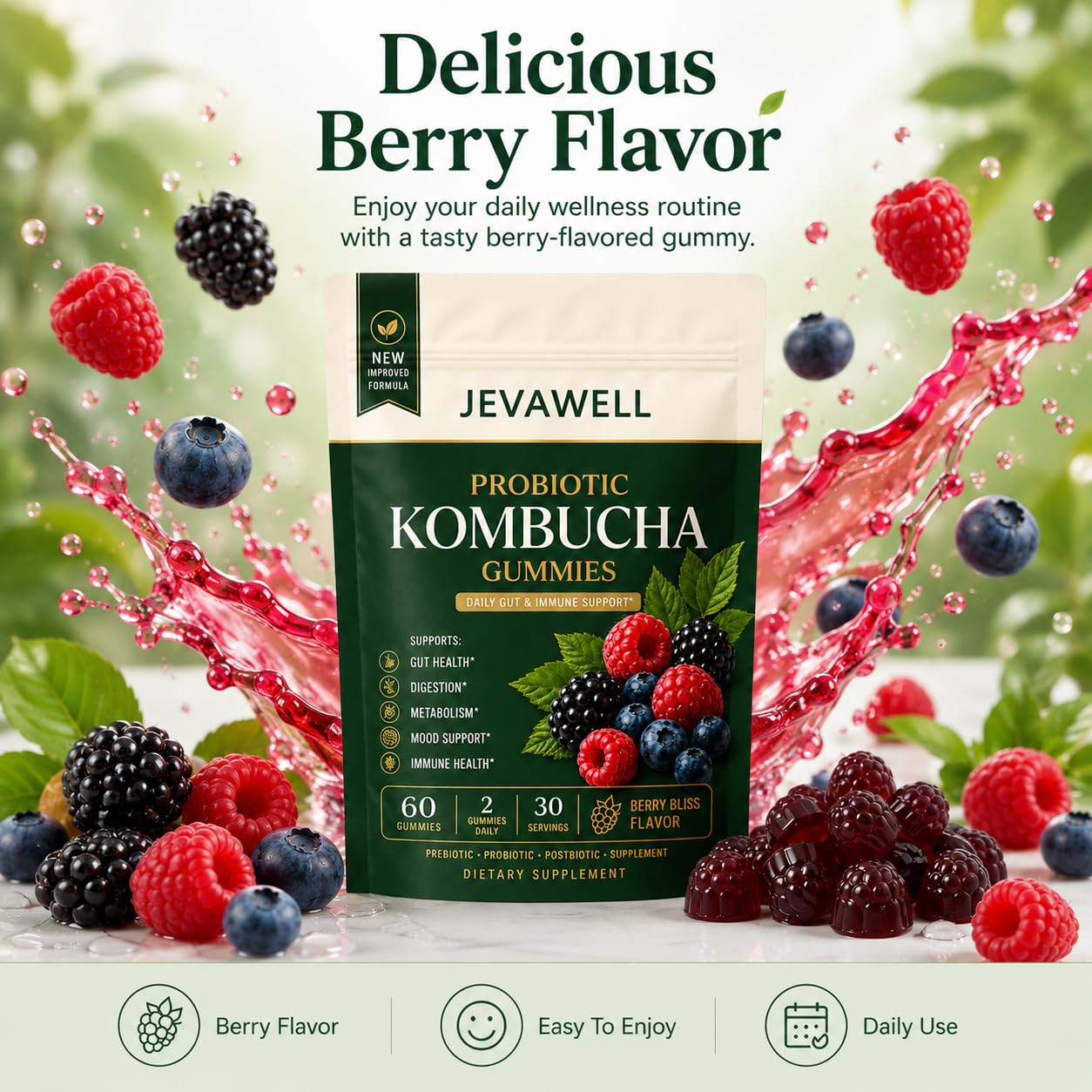 jevawell Probiotic Kombucha Gummies Softgel, 60 Count