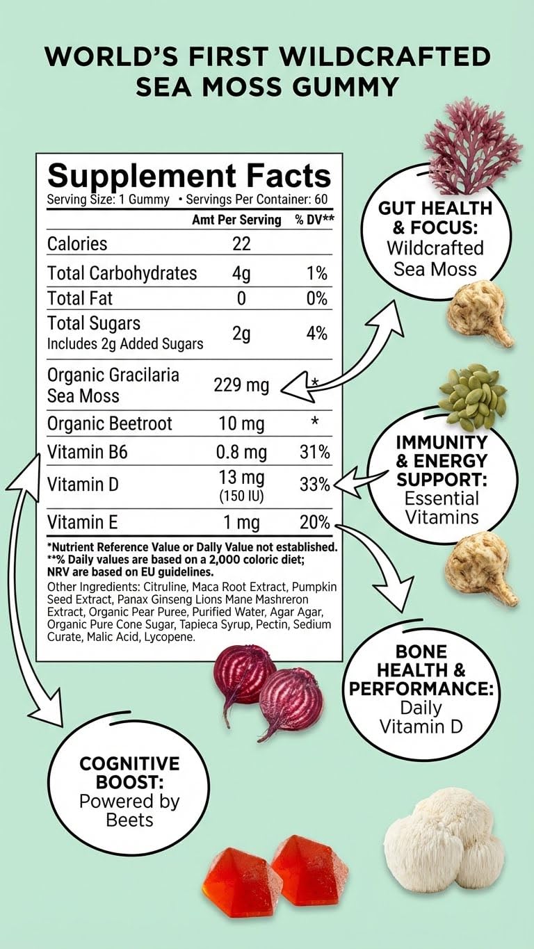 BDE Wildcrafted Sea Moss Gummy Maca Root, Beets, Lions Mane Mushroom, Vitamin D + E - Vegan Collagen, Zinc, Immunity & Detox, Gut Health, 60 Count