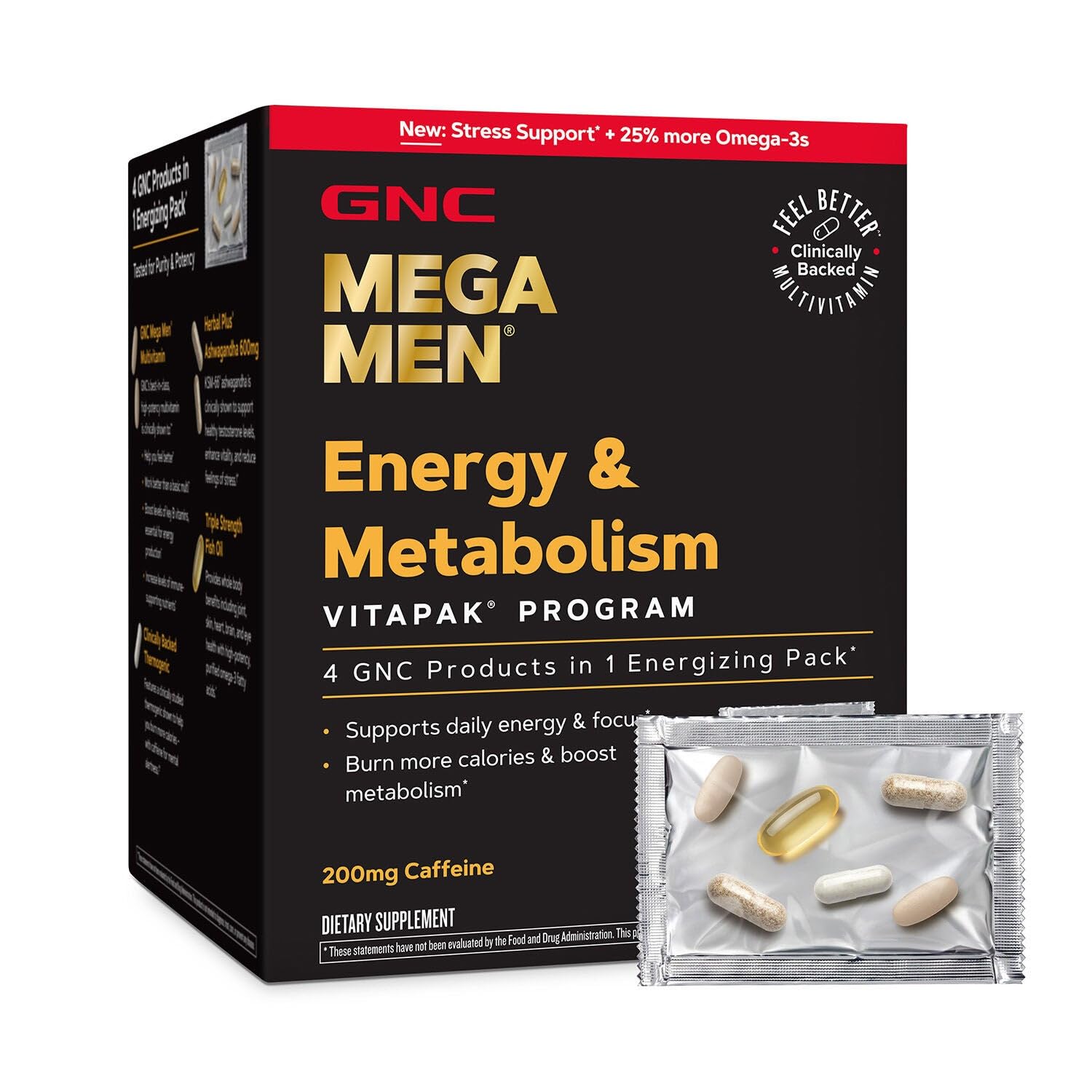 GNC Mega Men Energy & Metabolism Vitapak Program V2 for Men All-in-One Men's Multivitamin Pack Whole-Body Wellness Fish Oil Ashwagandha Clinically-Backed Thermogenic High-Potency 30 Capsules