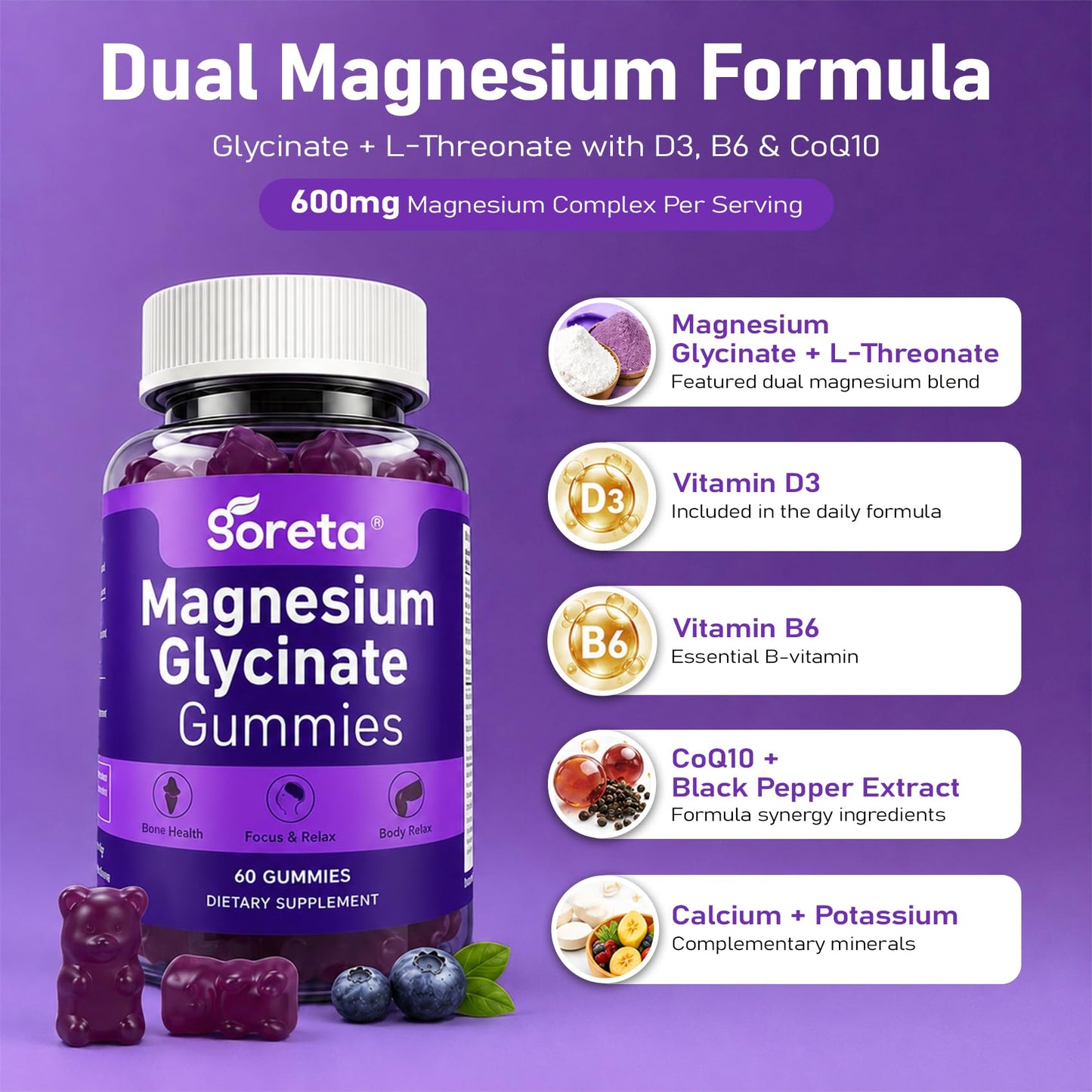Goreta Magnesium Glycinate Gummies 600mg Magnesium Complex with L-Threonate, Blueberry Flavor, Gelatin-Free, 60 Count