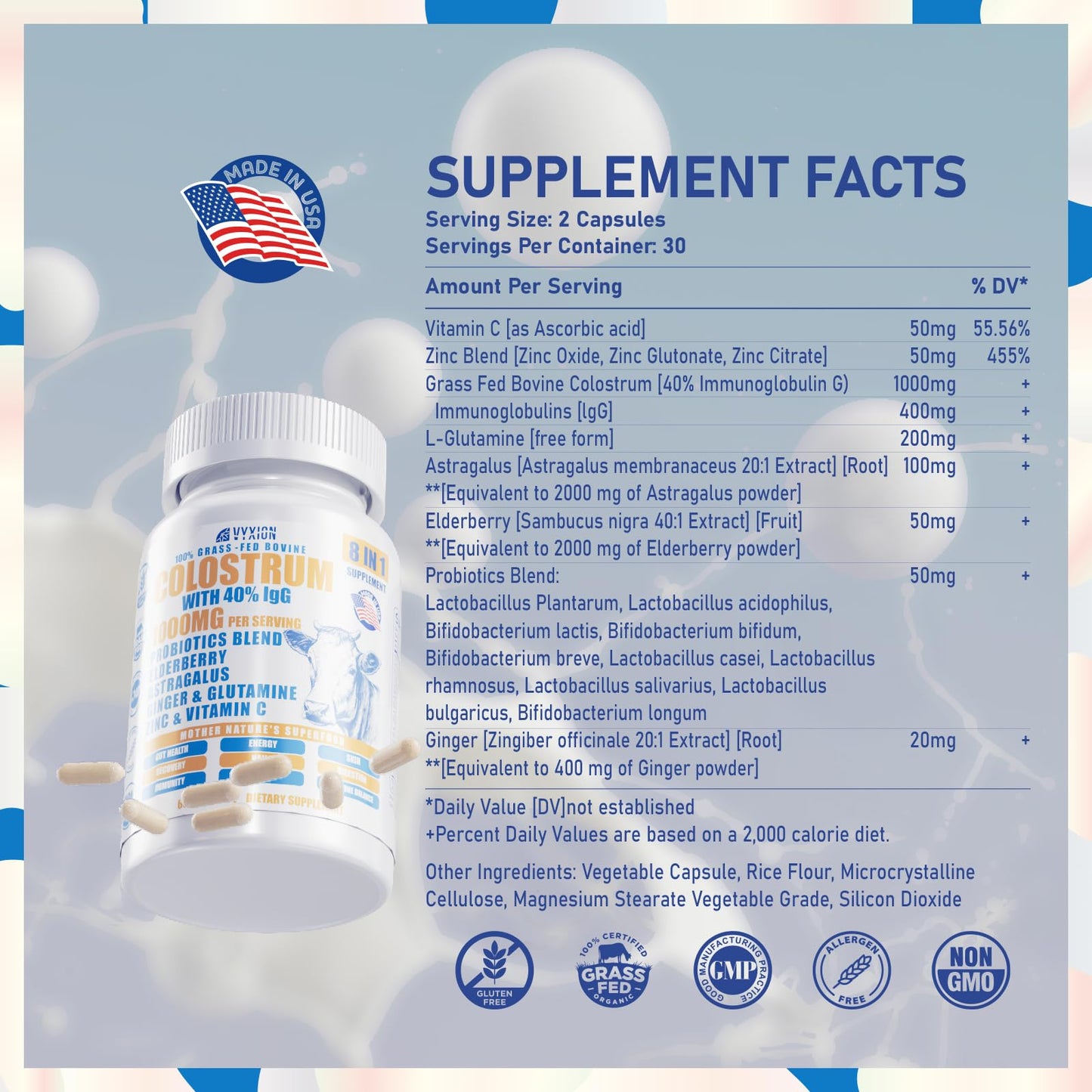 Vyxion 8-in-1 Bovine Colostrum Capsules, 1000mg, 60 Count