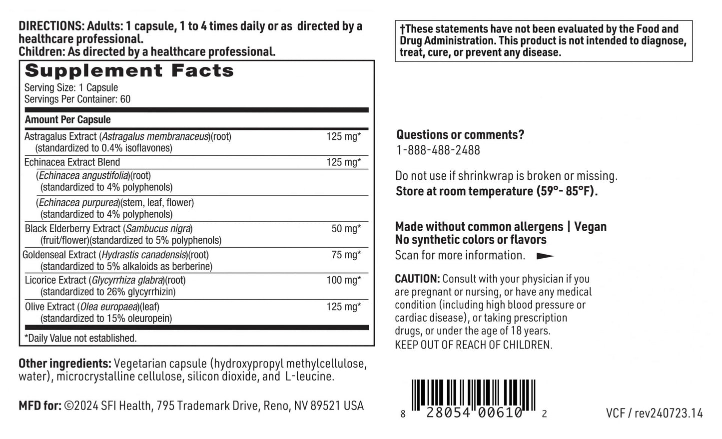 SFI Health Virathera CF - Echinacea Immune Support Blend with Goldenseal Capsules, 60 Count