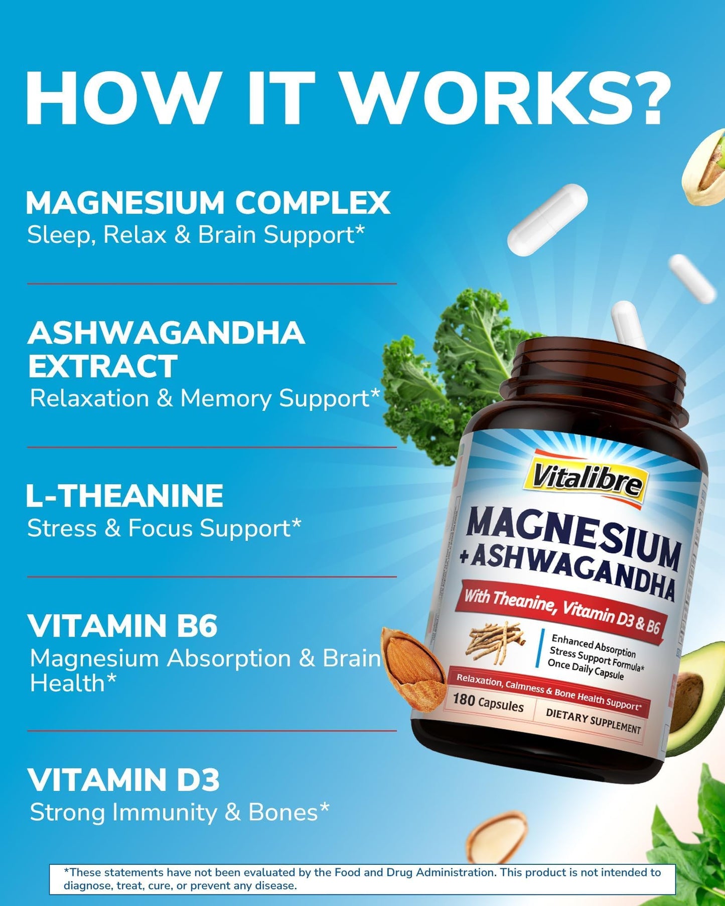 Vitalibre Magnesium Complex with Ashwagandha, L-Theanine & Vitamin D3, B6, 180 Capsules