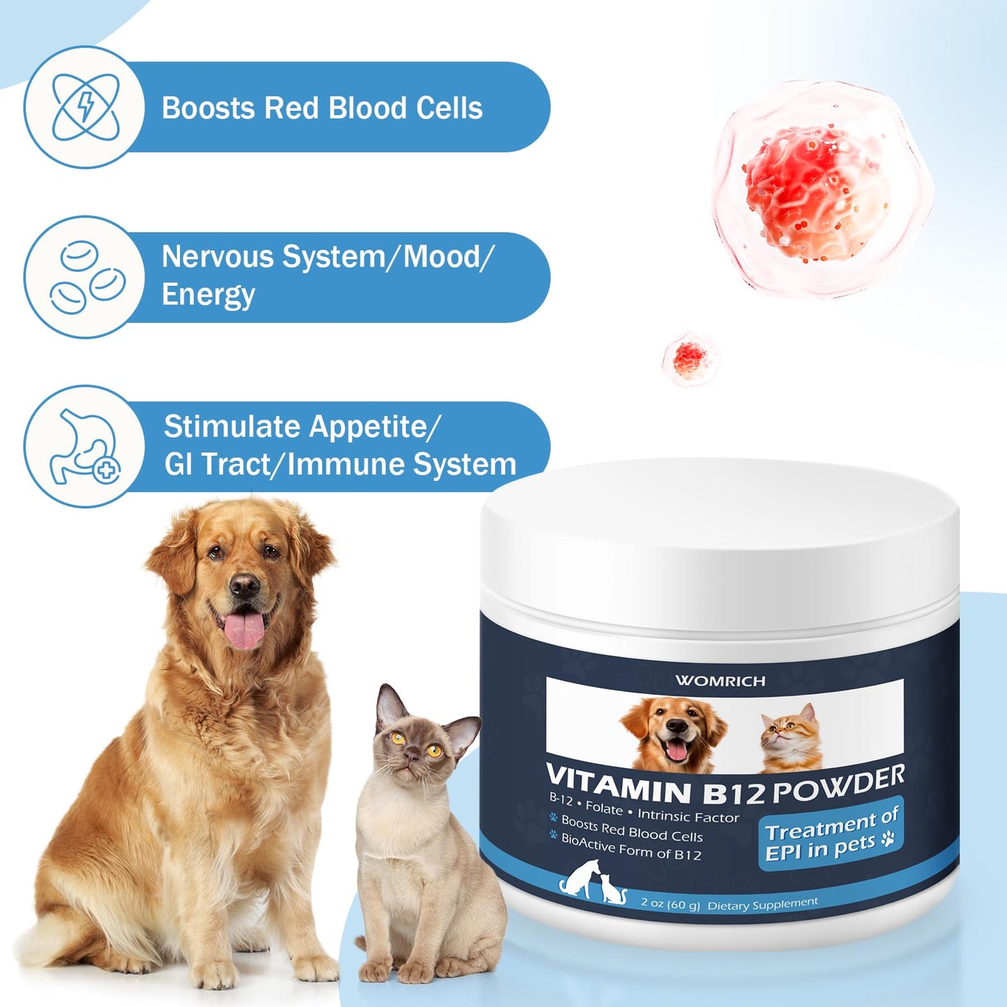 WOMRICH Vitamin B12 Powder for Cats & Dogs, Methylcobalamin with Folate and Intrinsic Factor, 60 g