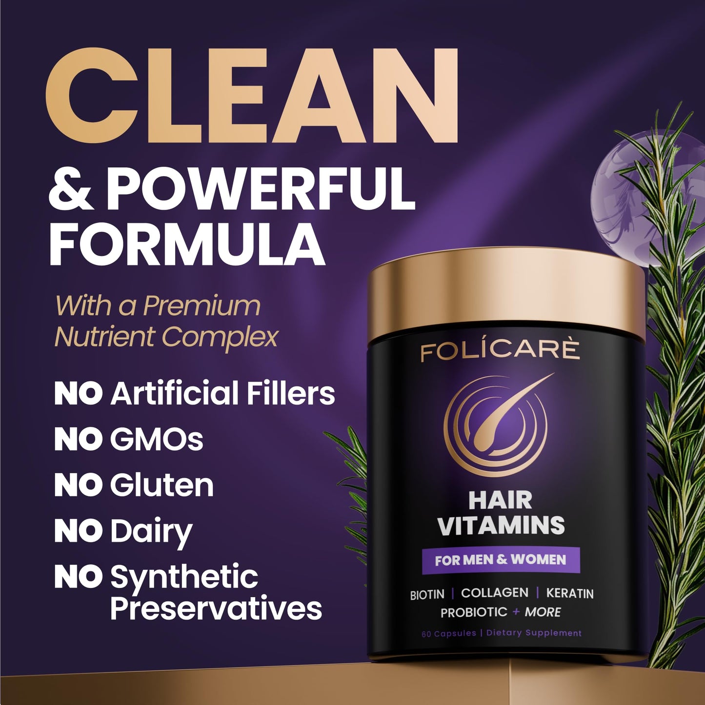 FOLICARE Biotin Hair Growth Supplement with Collagen, Keratin, and Probiotics Capsule 60 Count