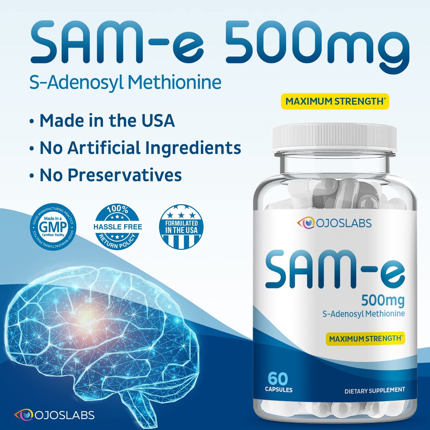 OjosLabs SAM-e 500mg Methionine Capsule, 60 Count