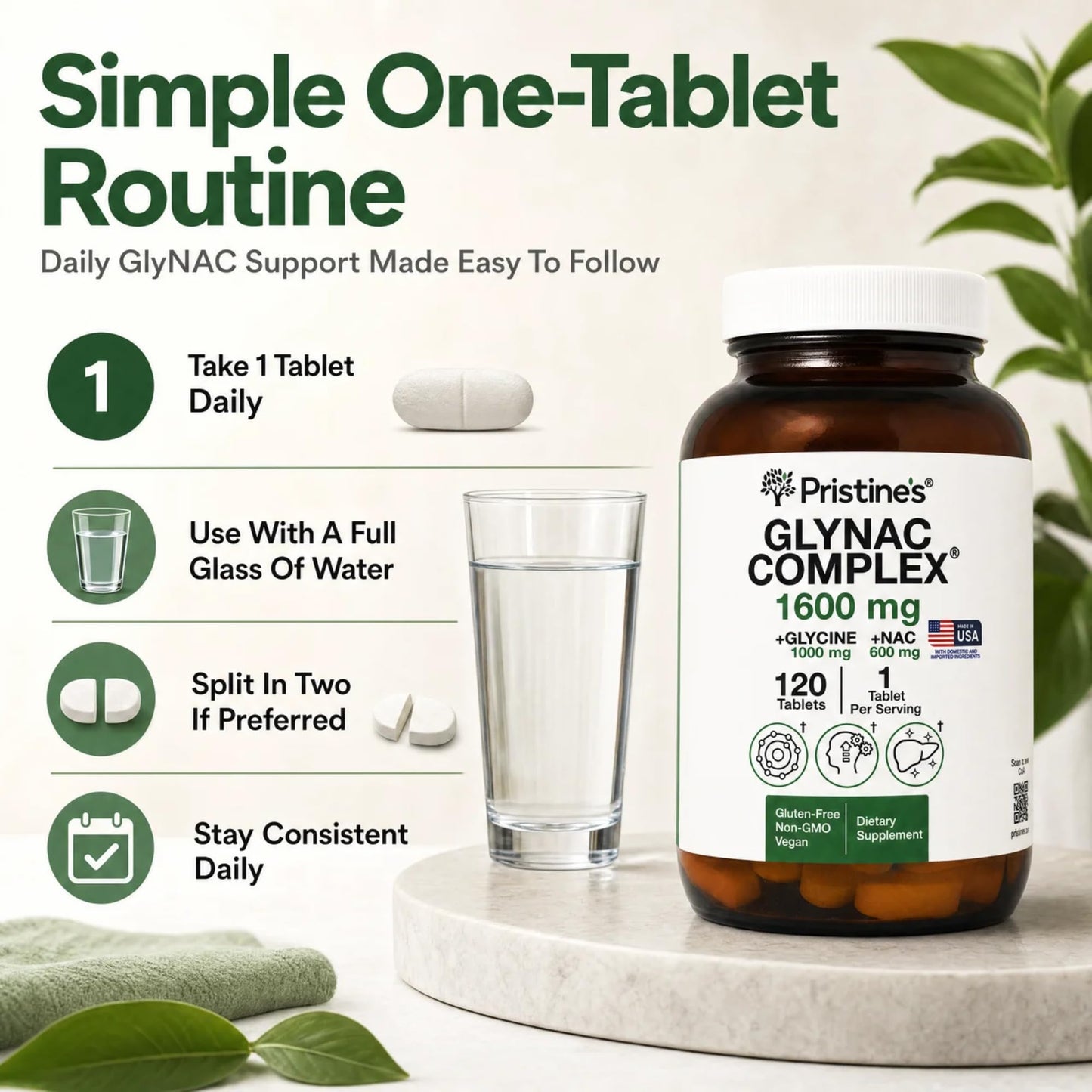 PRISTINE'S GlyNAC 1600mg Tablets, Glycine 1000mg + NAC 600mg, 120 Tablets
