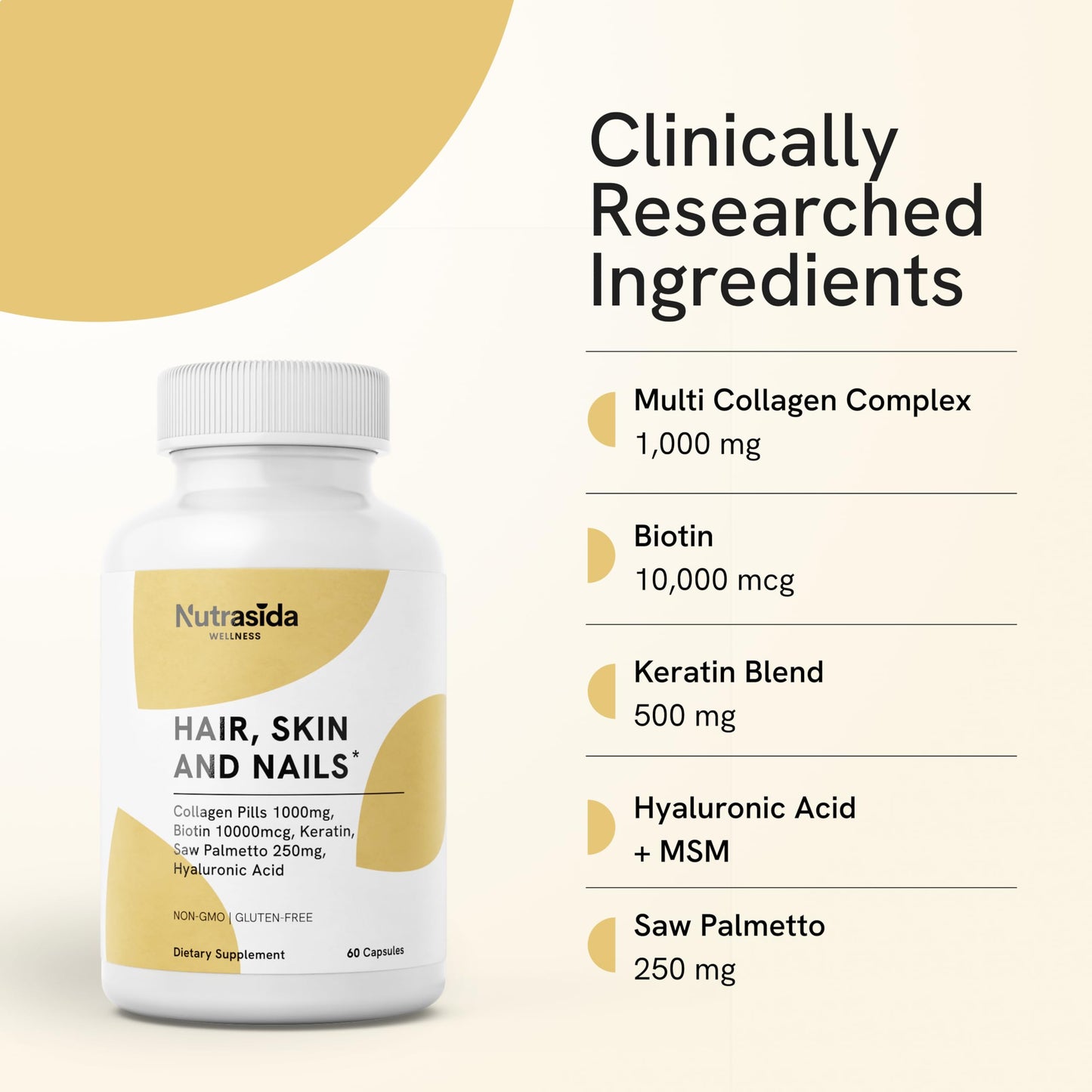 Nutrasida Hair, Skin and Nails Supplement with Collagen 1000mg, Biotin 10,000 mcg, Keratin, Hyaluronic Acid & Saw Palmetto Capsules 60