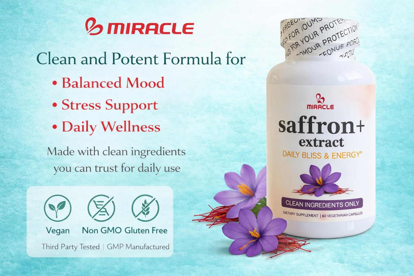 MIRACLE Stress and Mood Support Supplement Capsules, 60 Count