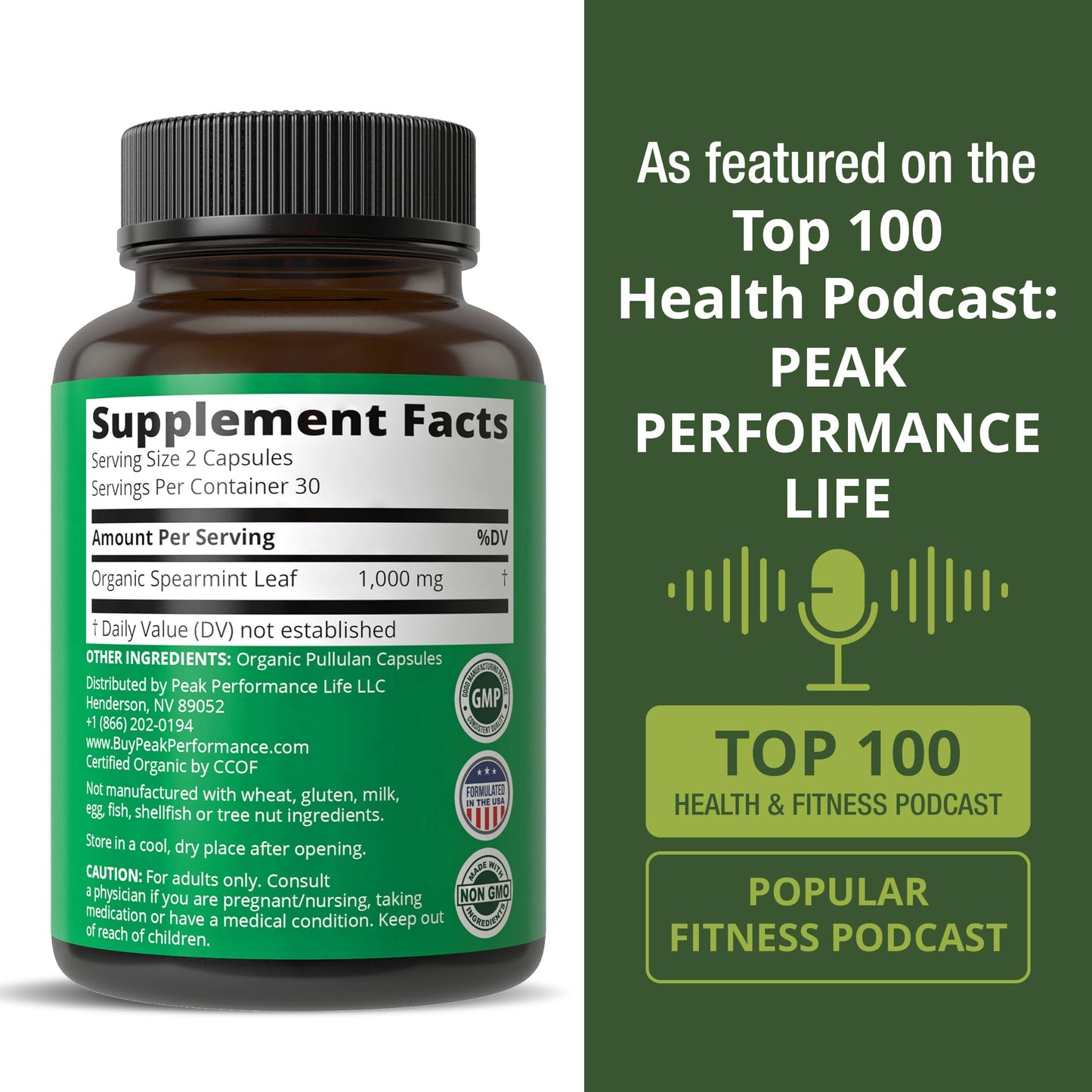 Peak Performance USDA Organic Spearmint Leaf Capsules 60 Count