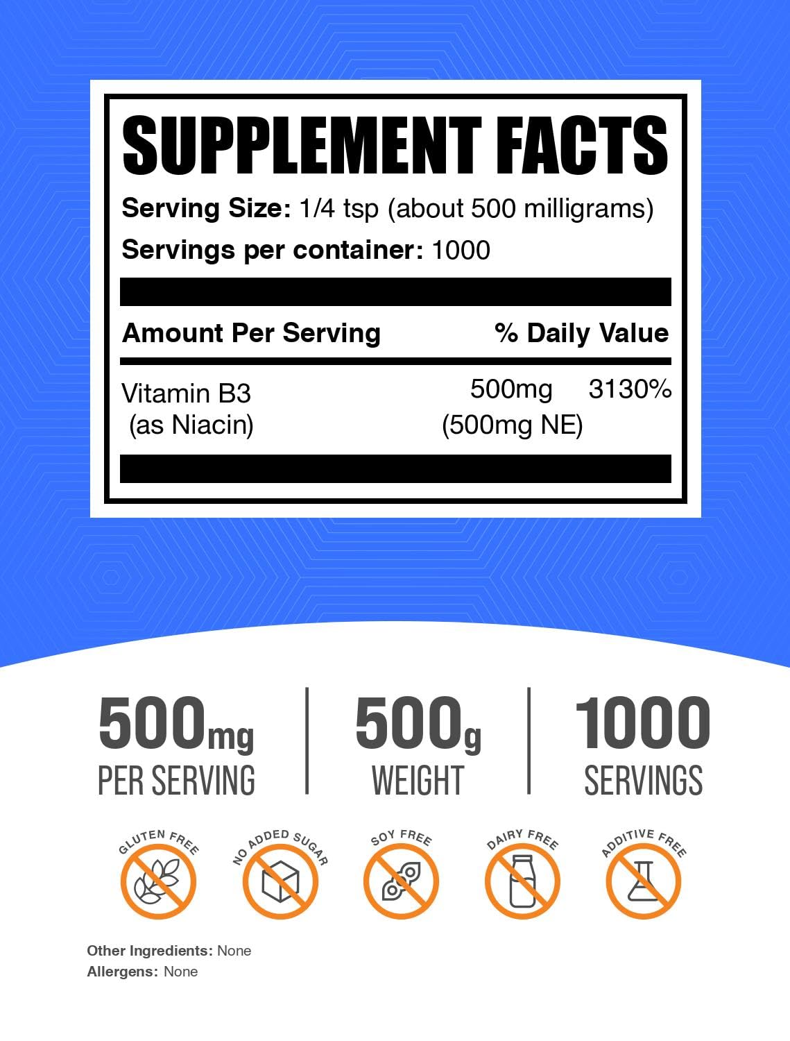 BulkSupplements Niacin Powder - Vitamin B3 Supplement, 500mg Niacin per Serving, Gluten Free, 17.5 oz