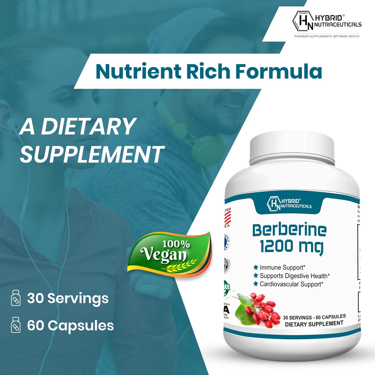 Hybrid Nutraceuticals Berberine 1200mg - Concentrated Berberine HCl Formula - Immune Support, Digestive Support - Gluten-Free Capsules, 60