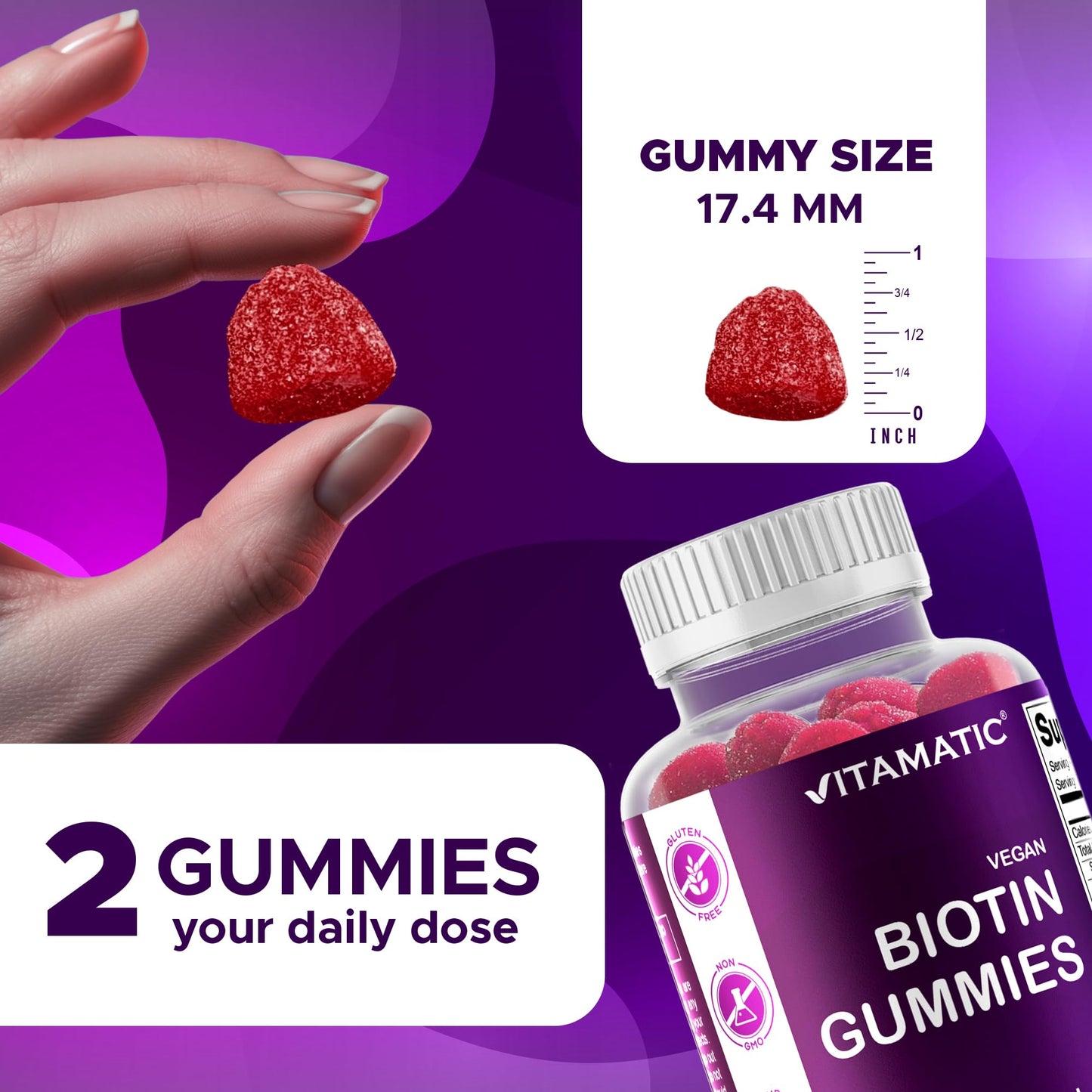 Vitamatic Biotin Gummies 10,000 mcg for Stronger Hair, Skin & Nails, 60 Gummies