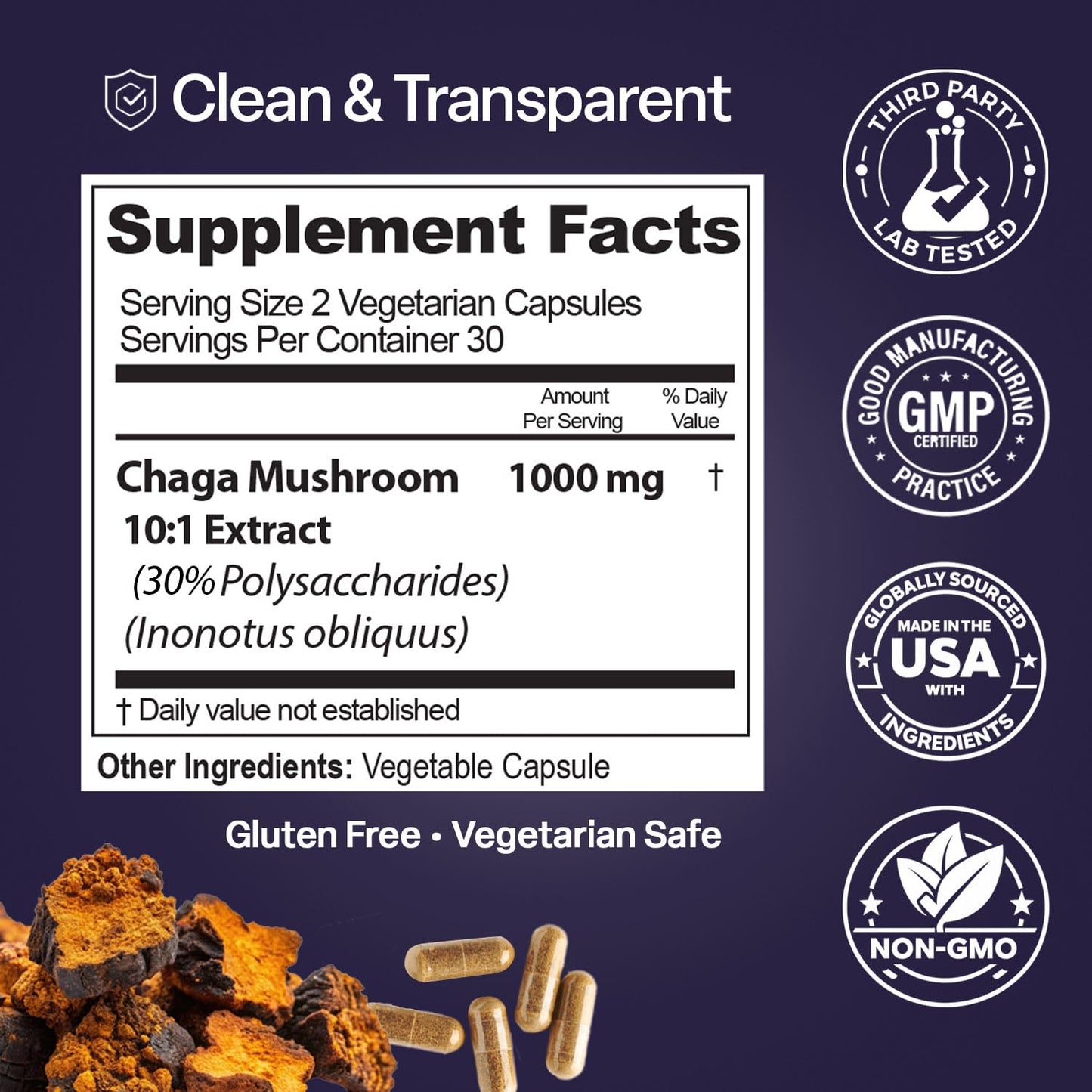 Natures Elements Chaga Mushroom – 10:1 Standardized Extract with 30% Polysaccharides – 1,000mg Per Serving – 60 Veggie Capsules – Supports Immune Health, Non-GMO, Gluten-Free