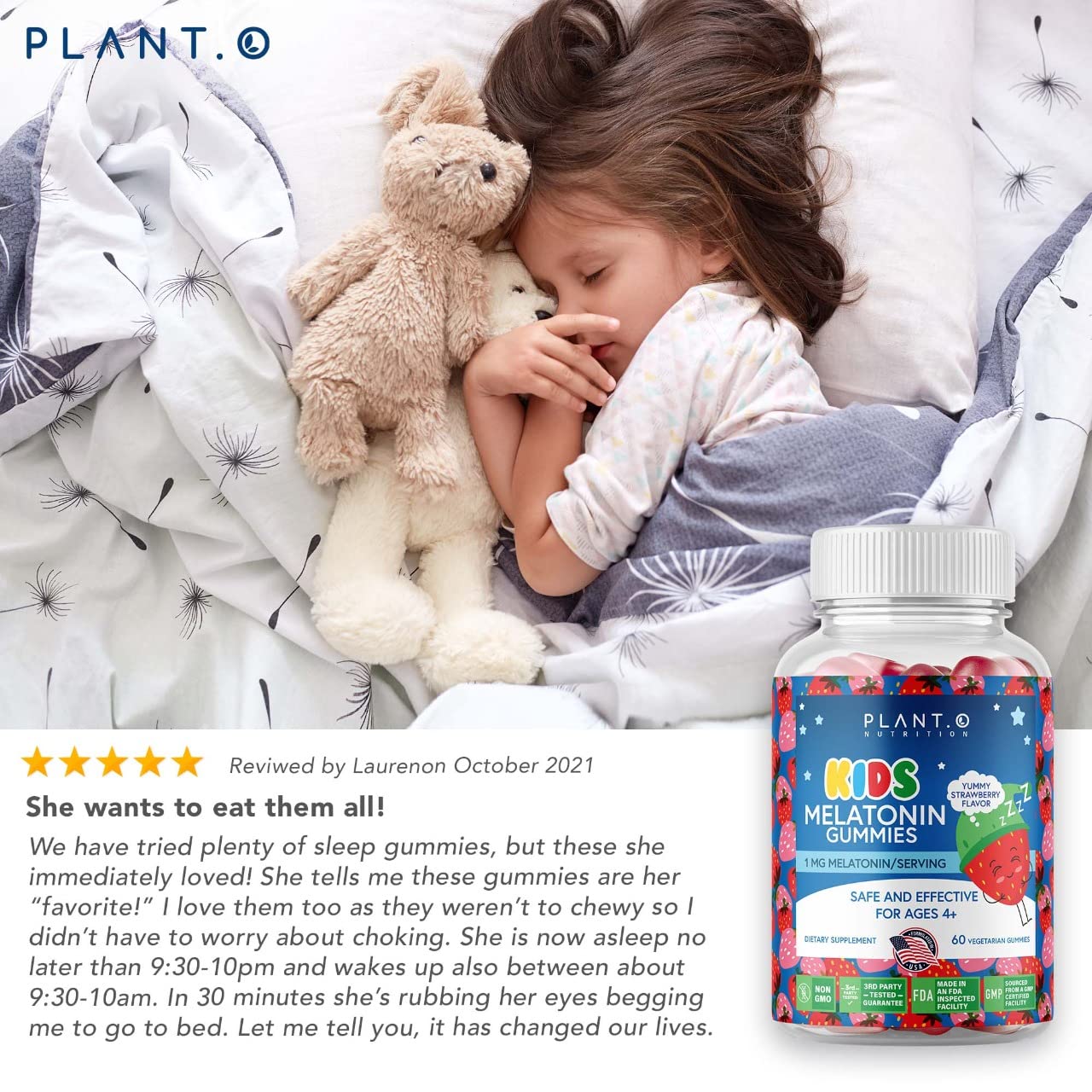 PLANT.O NUTRITION Kids Melatonin Gummies Chewables, 60 Count