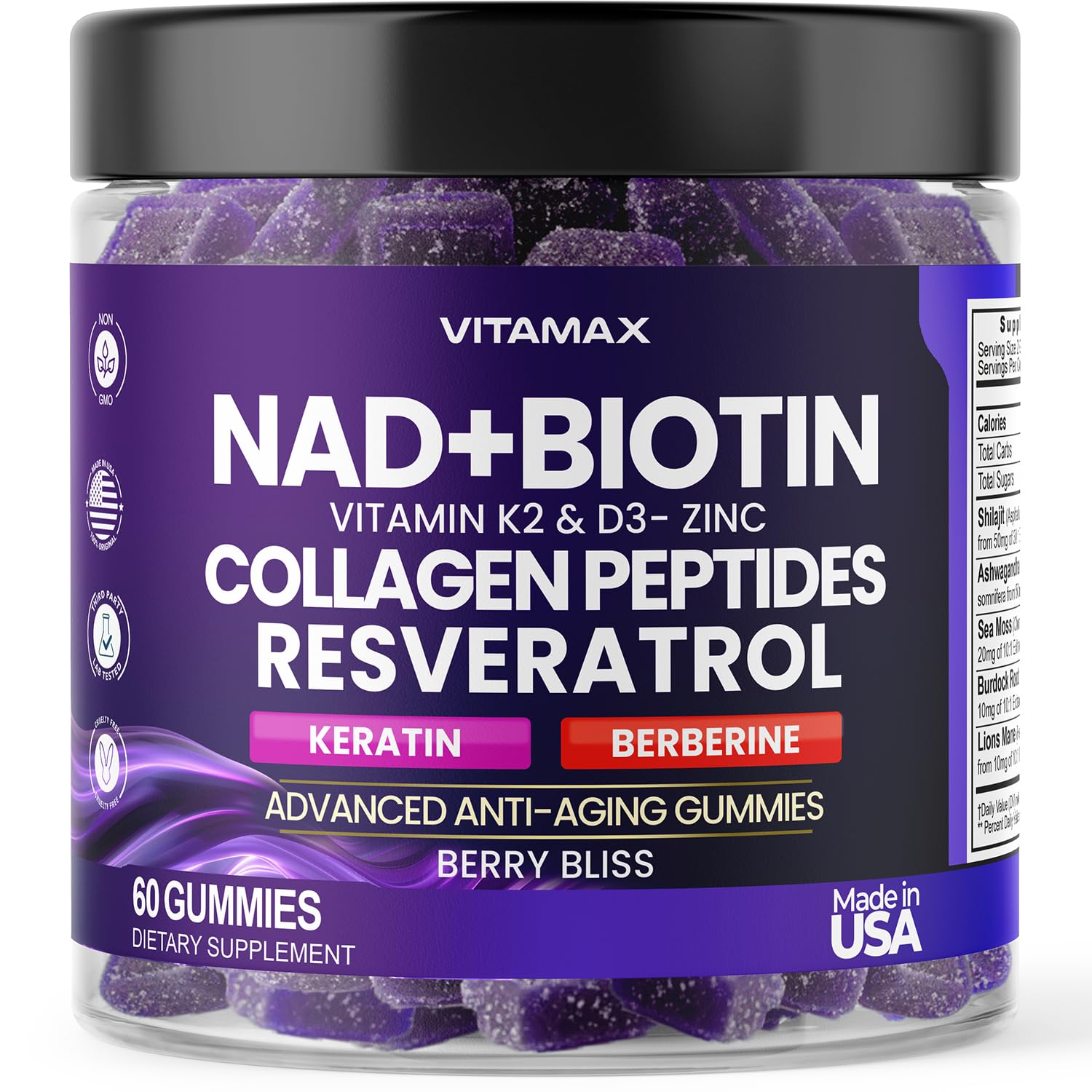 Vitamax NAD+, Resveratrol, Berberine, & Biotin Anti-Aging Gummy - Hair, Skin, Nails & Joint Supplement - Collagen Peptides, Keratin, Zinc, Vitamin K2 & D3 Gummies - Regeneration - Non-GMO - Made in USA - 60 Count