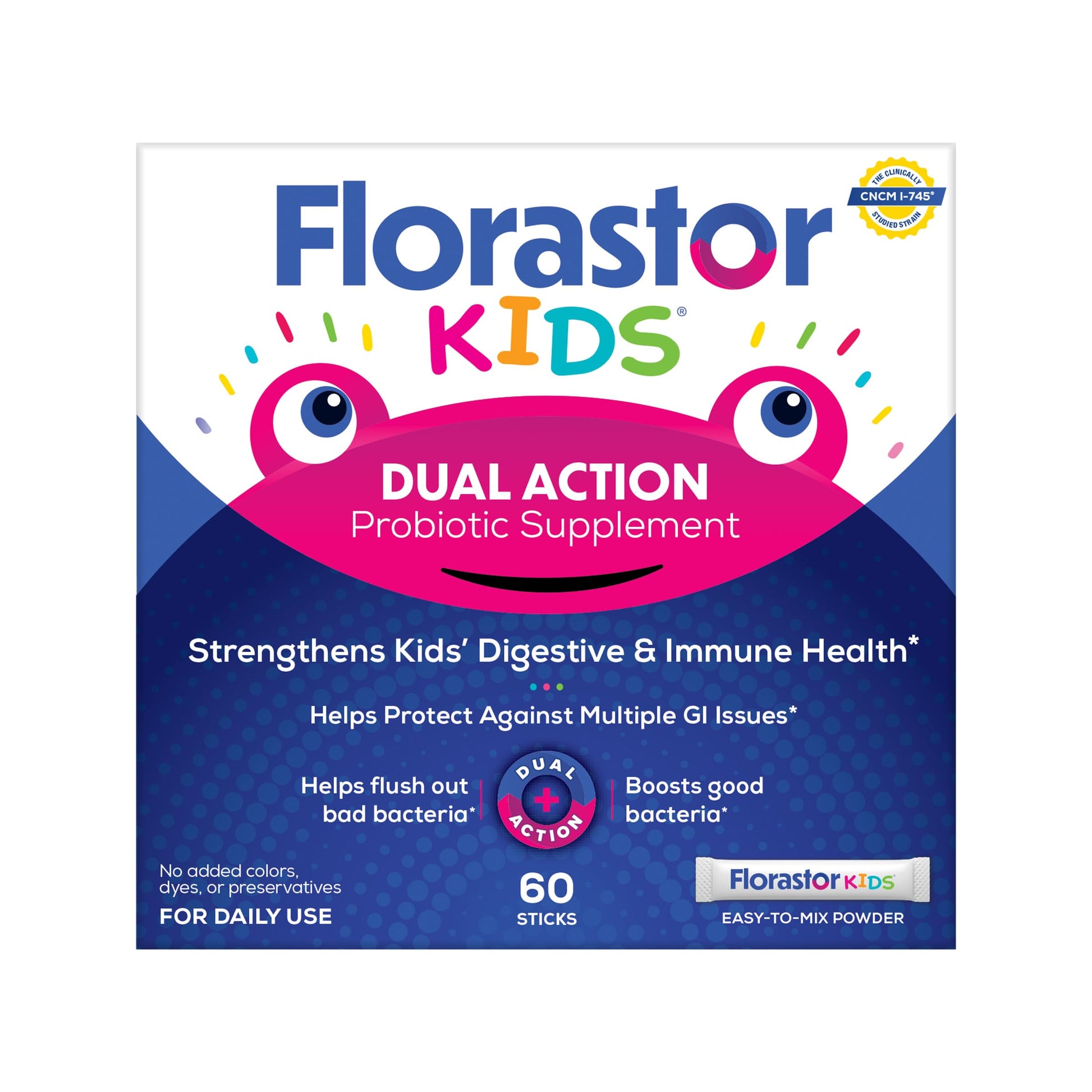 Florastor Kids Dual Action Probiotic Supplement Powder Sticks 60 Sticks