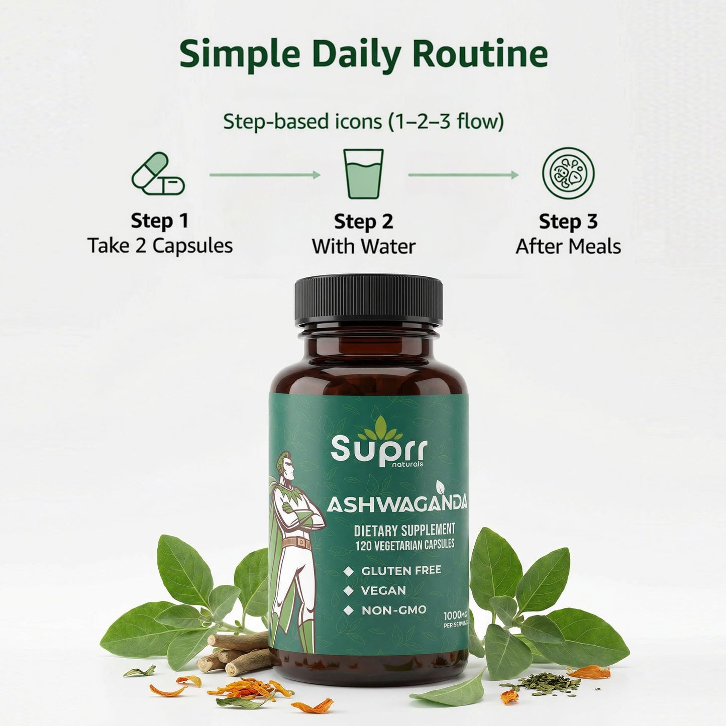 suprr naturals Ashwagandha 1000mg Supplement for Women & Men – Stress Relief, Energy & Mood Support – Cortisol Support Adaptogen – Focus & Calm Formula – Non-GMO, Gluten Free, 120 Capsules