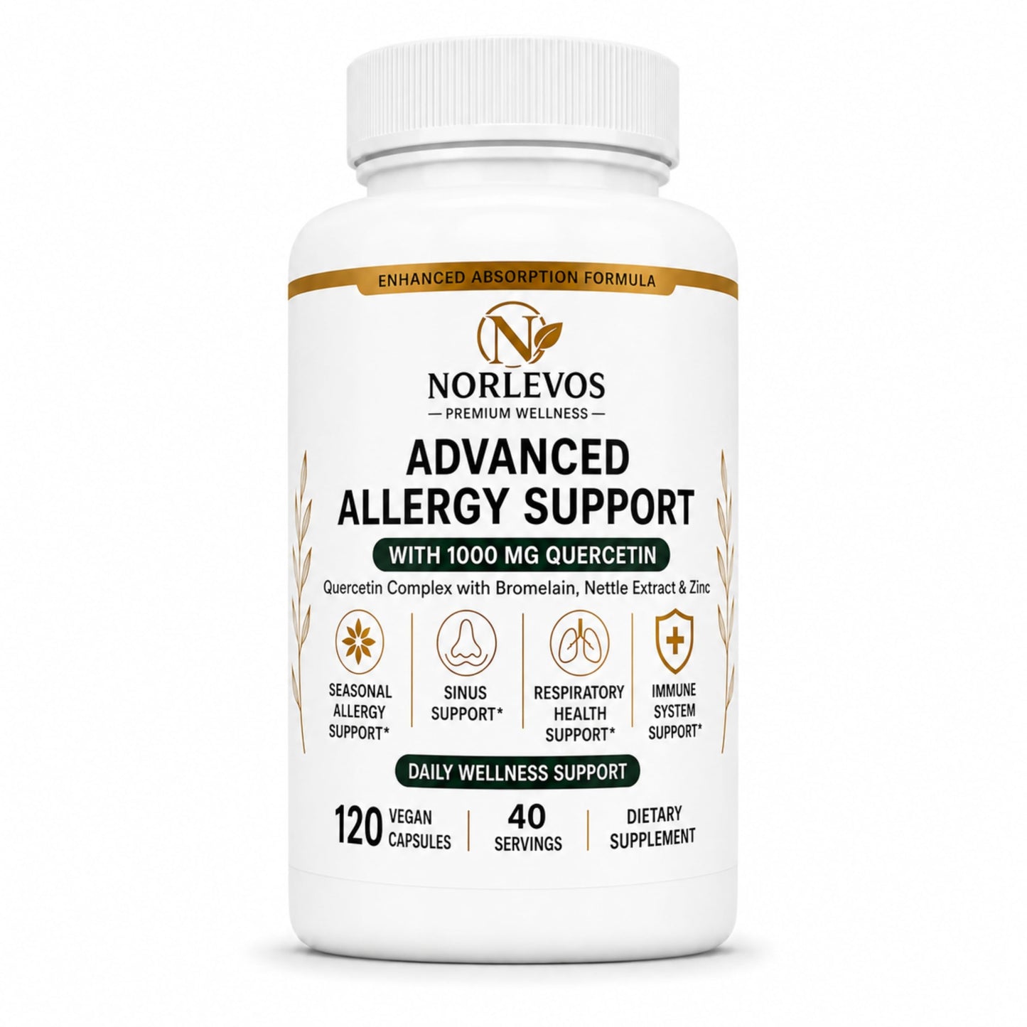 Norlevos Quercetin Complex 1000 mg with Bromelain, Stinging Nettle, Vitamin C & Zinc – Sinus, Immune & Respiratory Support, Non-GMO, Natural Antioxidant, 120 Vegan Capsules