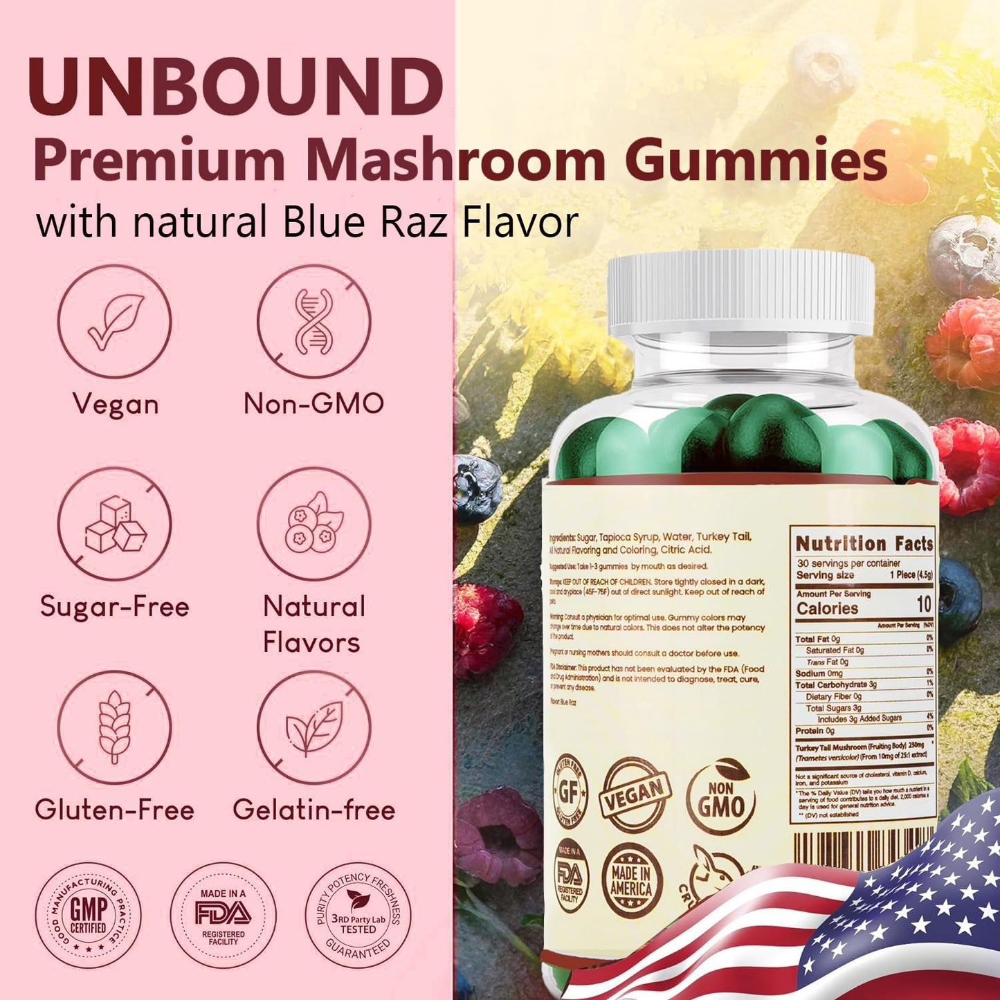 Unbound Mushroom Gummies Premium Organic Turkey Tail Mushroom, 60 Gummies